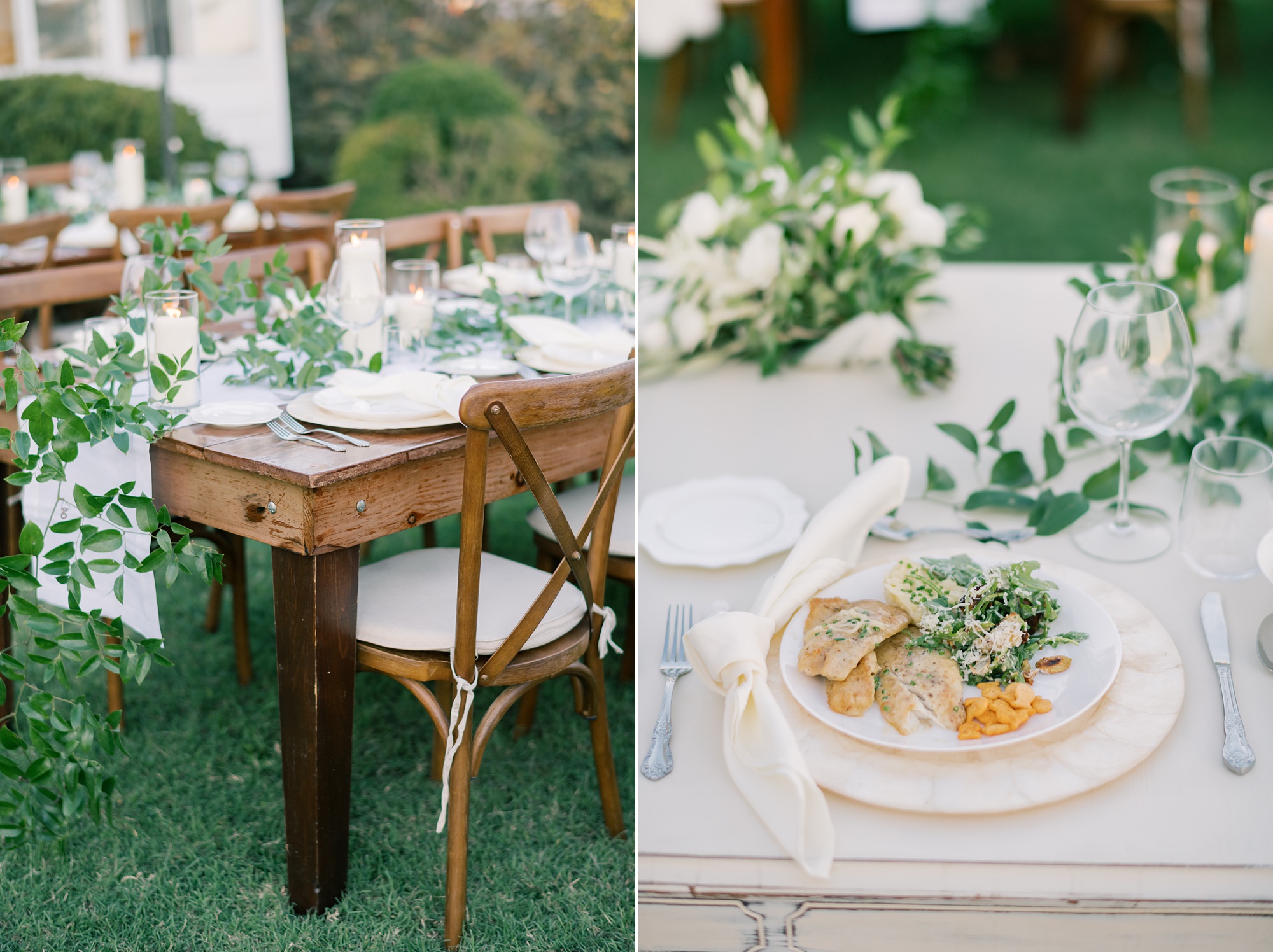 wedding reception with wooden tables and white flowers al fresco at Rousby Hall