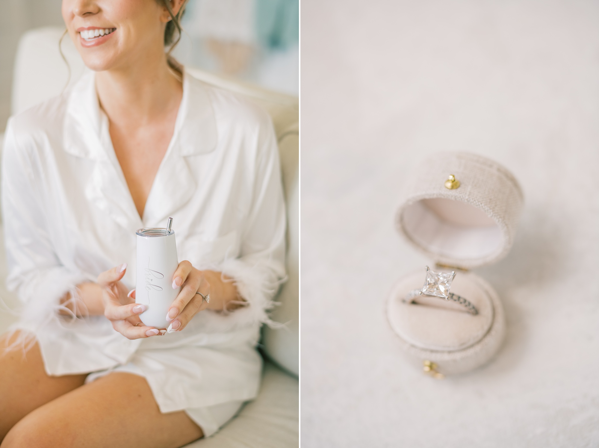 bride holds custom mug and diamond rings in ivory ring box