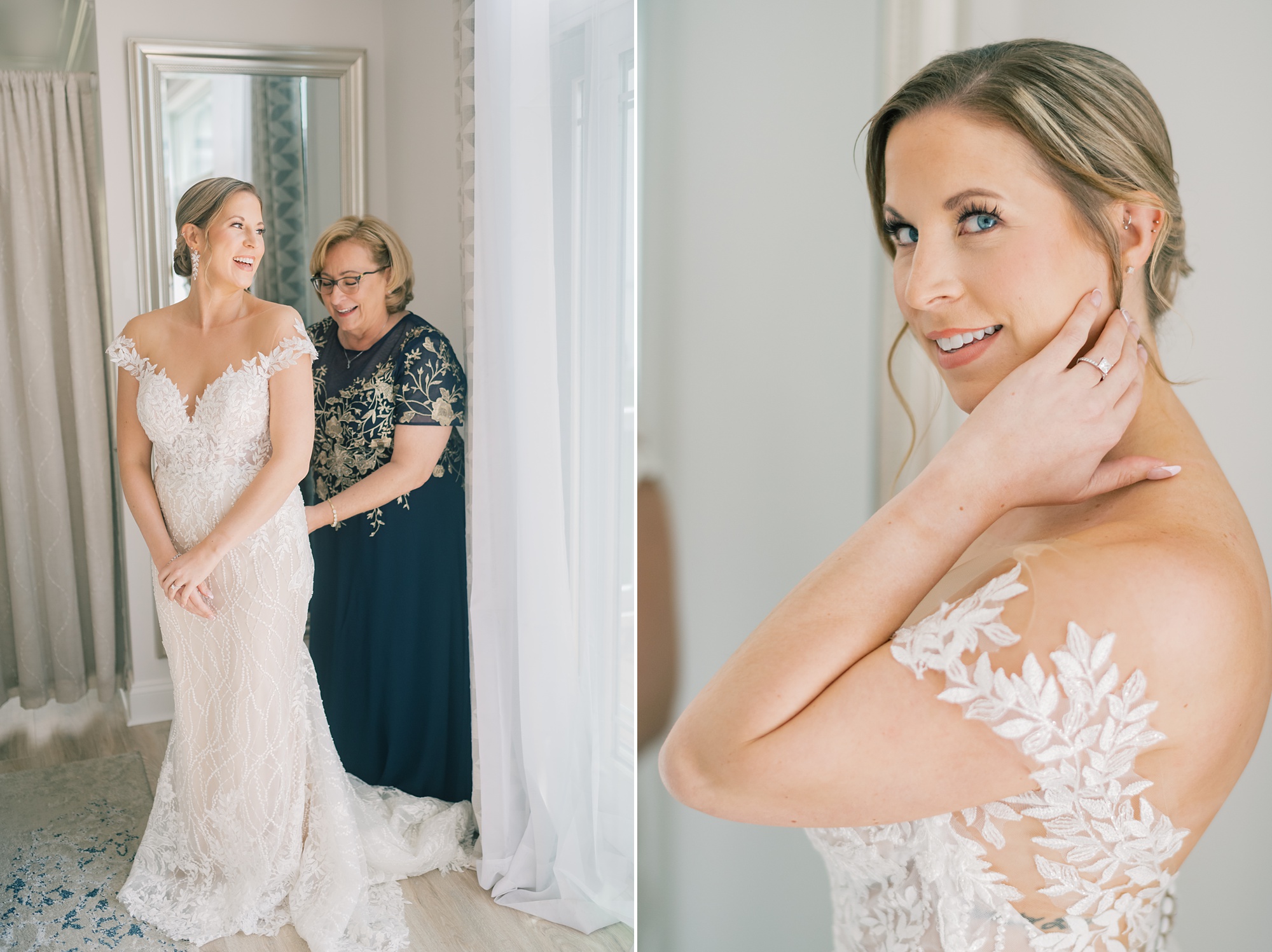 bride brushes hair over ear while mom helps her into wedding dress for Maryland wedding day