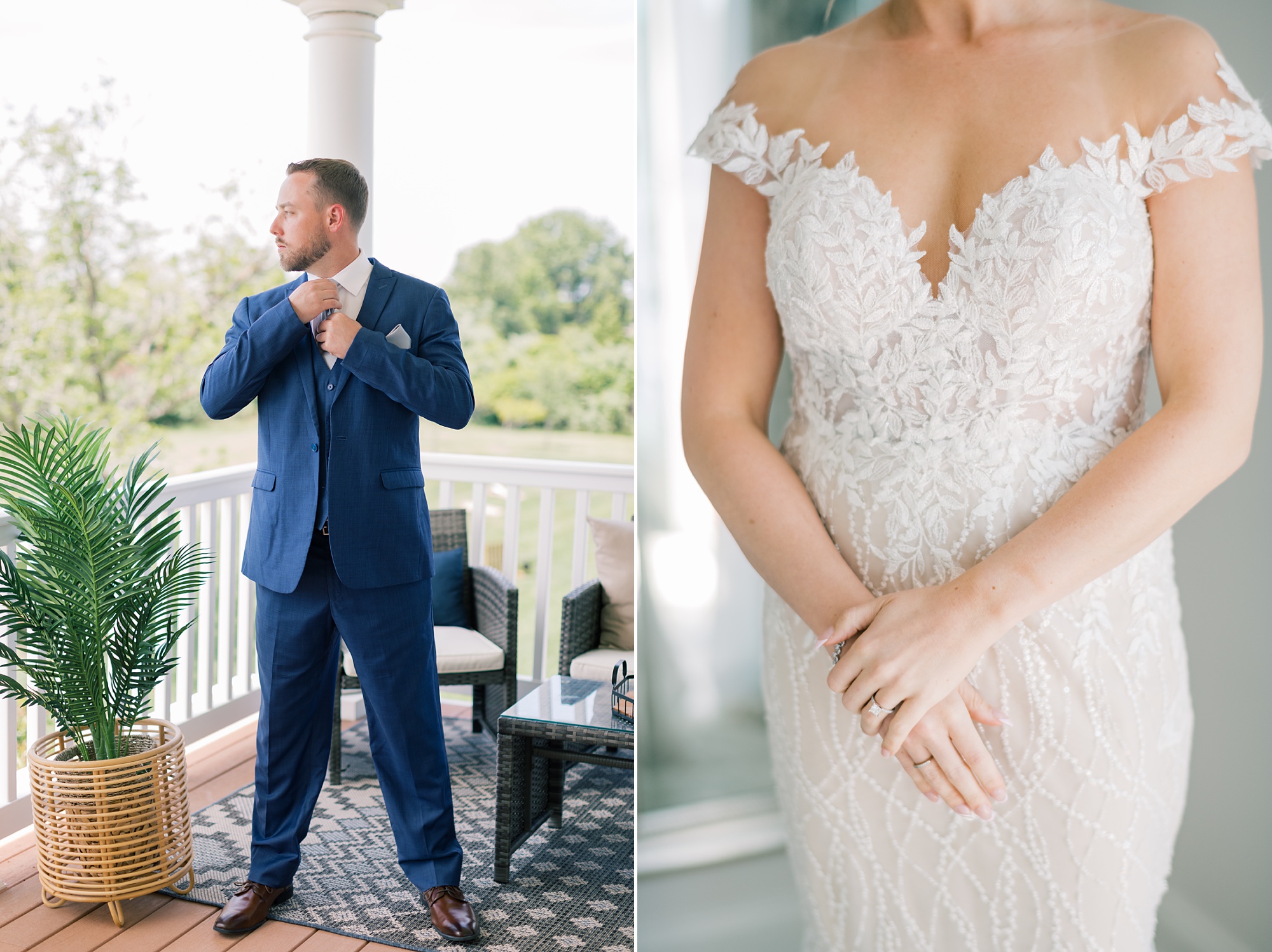 groom stands on patio at the Pavilion at Weatherly adjusting tie and bride shows off off-the-shoulder lace gown