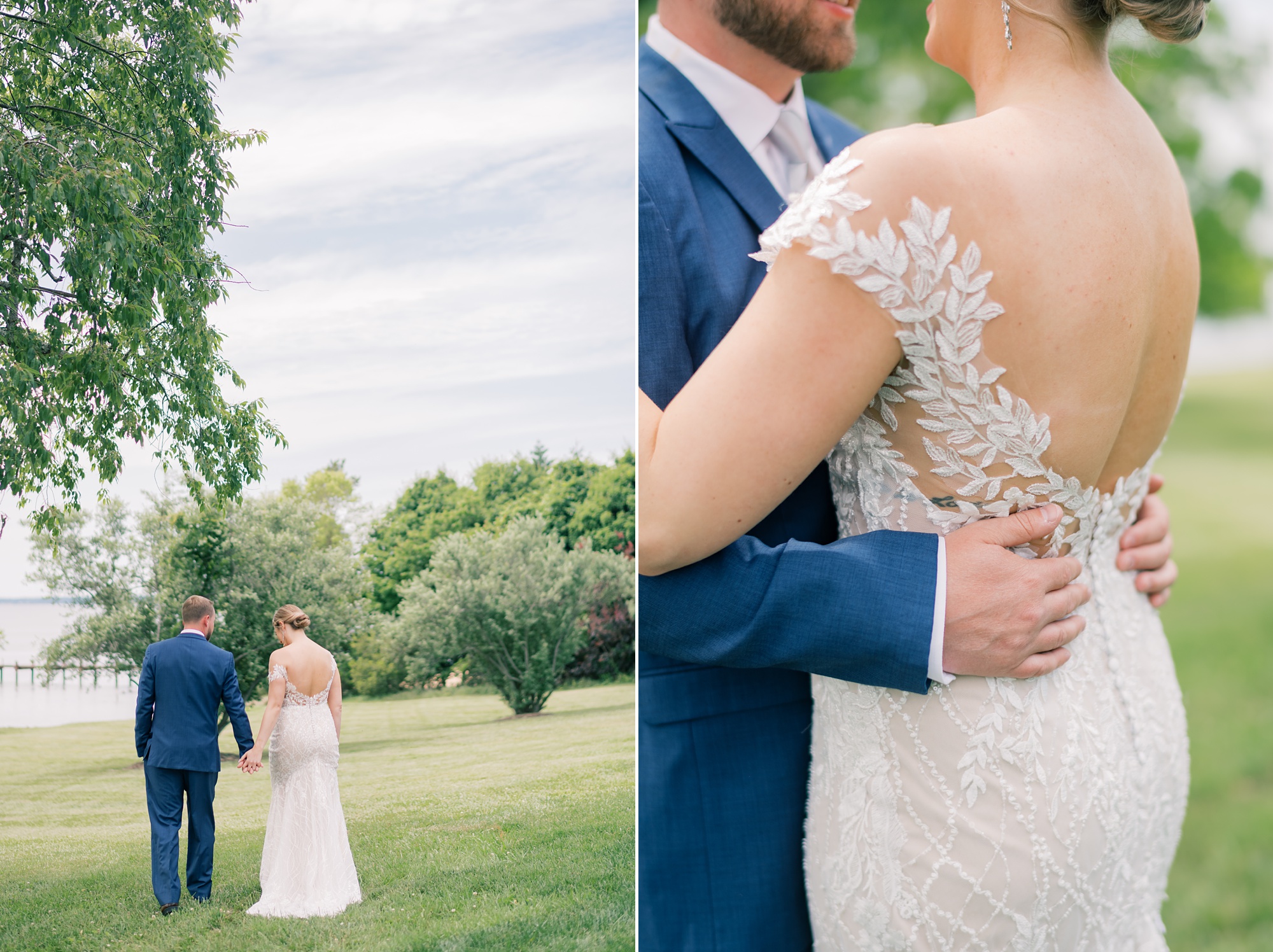 groom hugs bride around waist showing off lace back of wedding gown