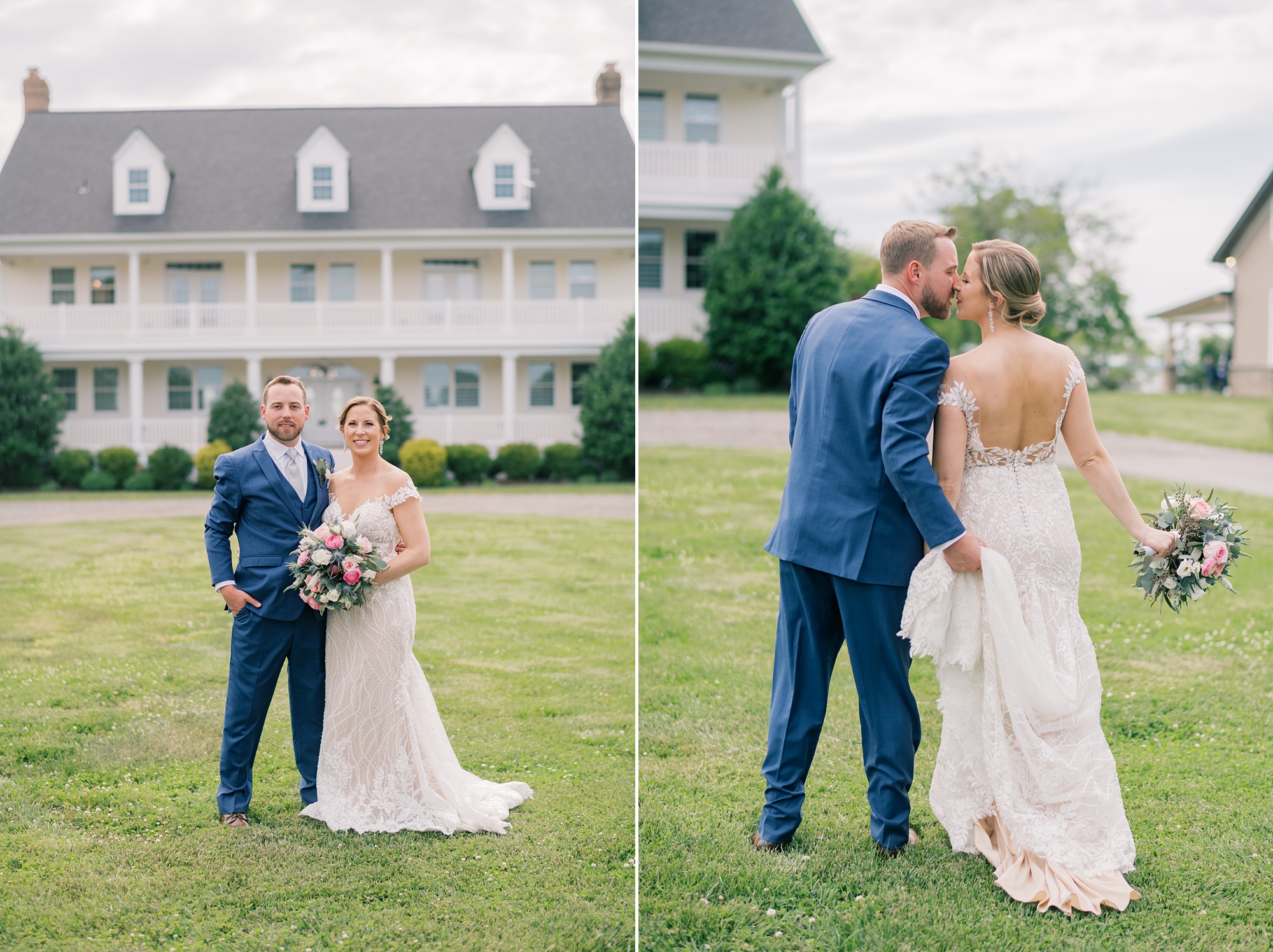 bride and groom kiss on lawn at the Pavilion at Weatherly
