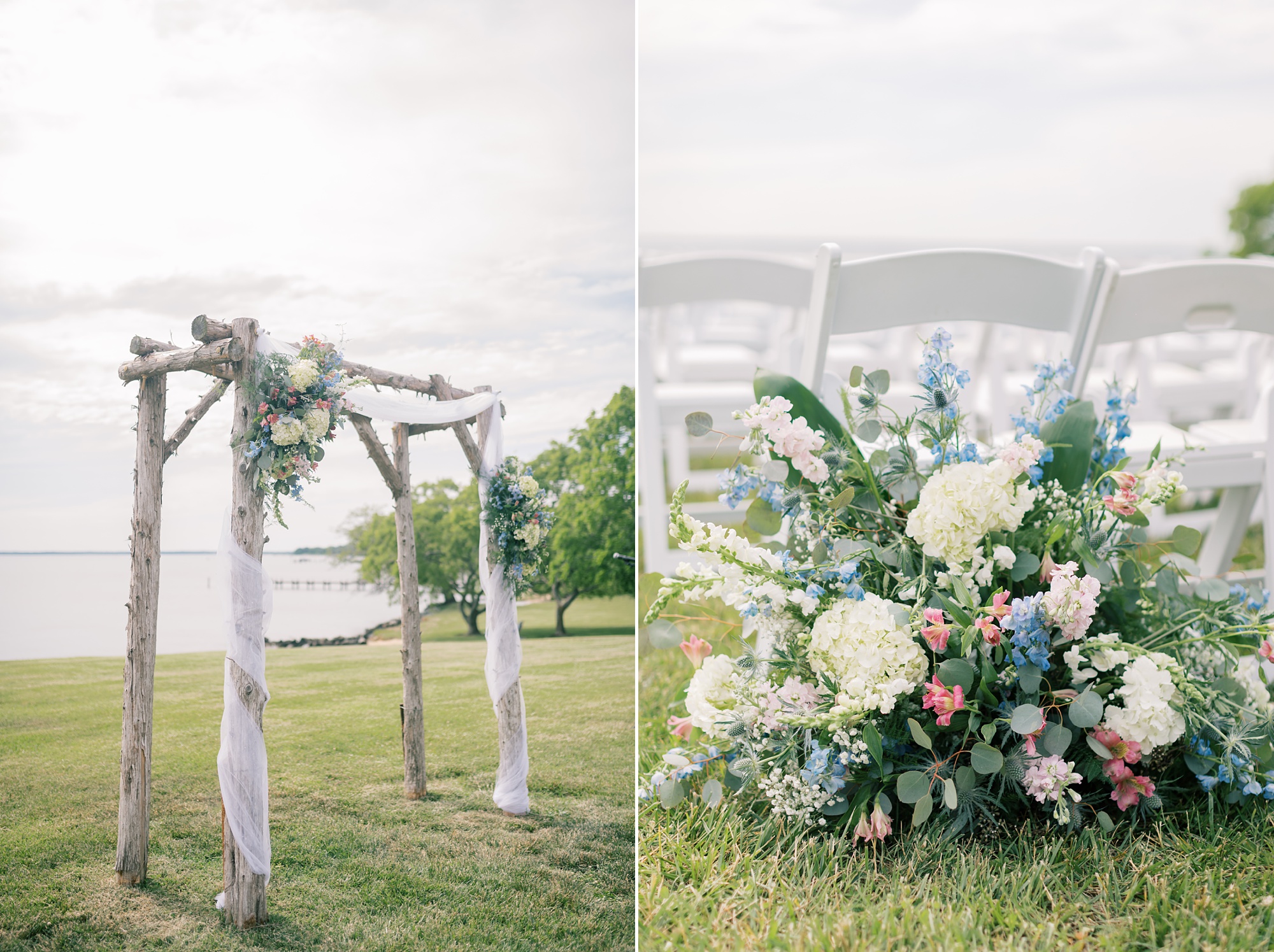 wedding ceremony on lawn with pink, white and blue floral arrangements on aisle