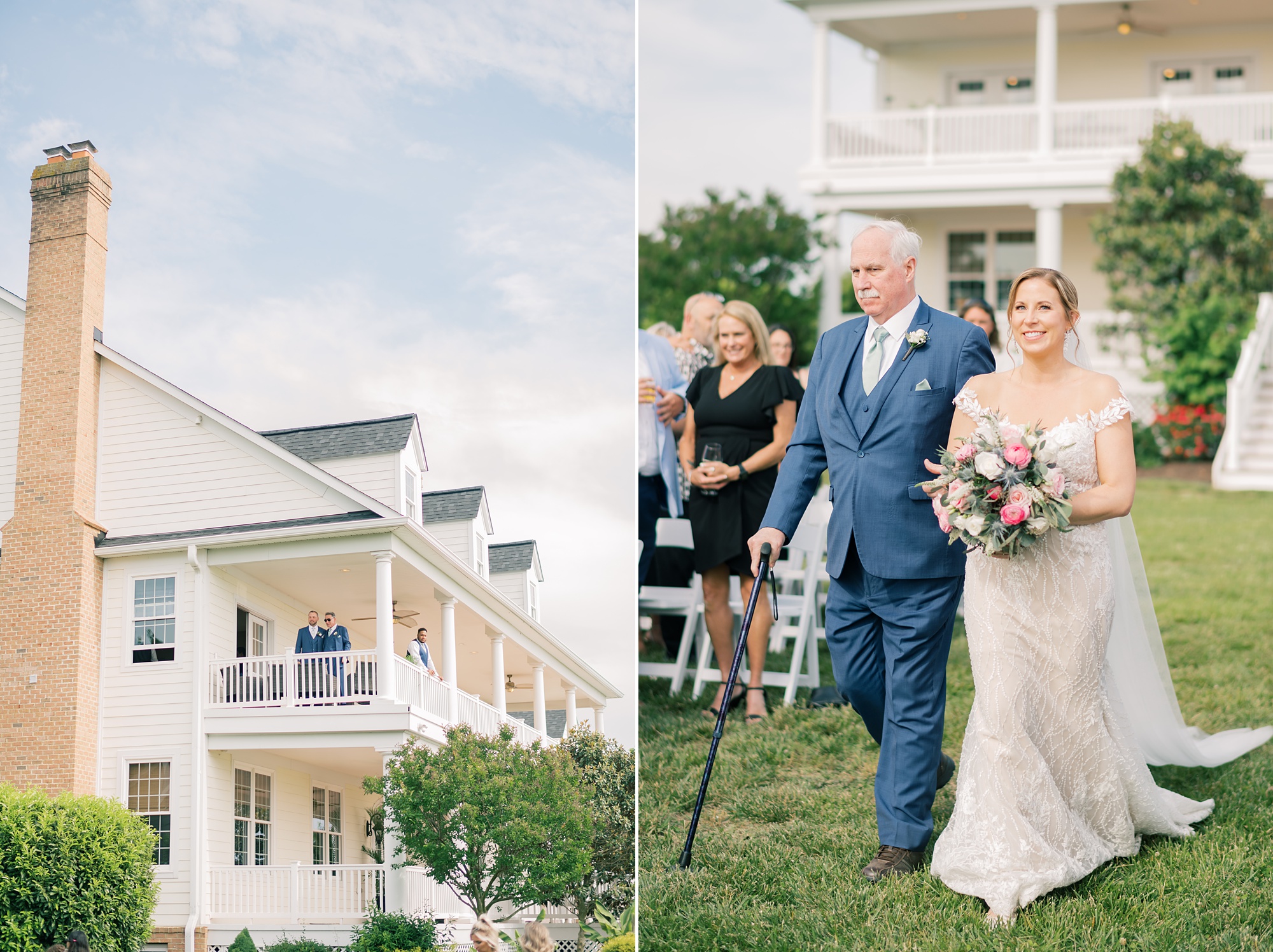 bride walks down aisle with father in front of white building in Maryland 