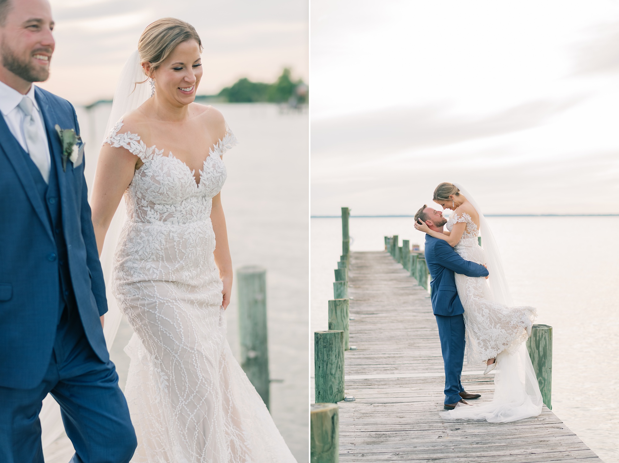 groom lifts up bride standing on wooden dock at the Pavilion at Weatherly