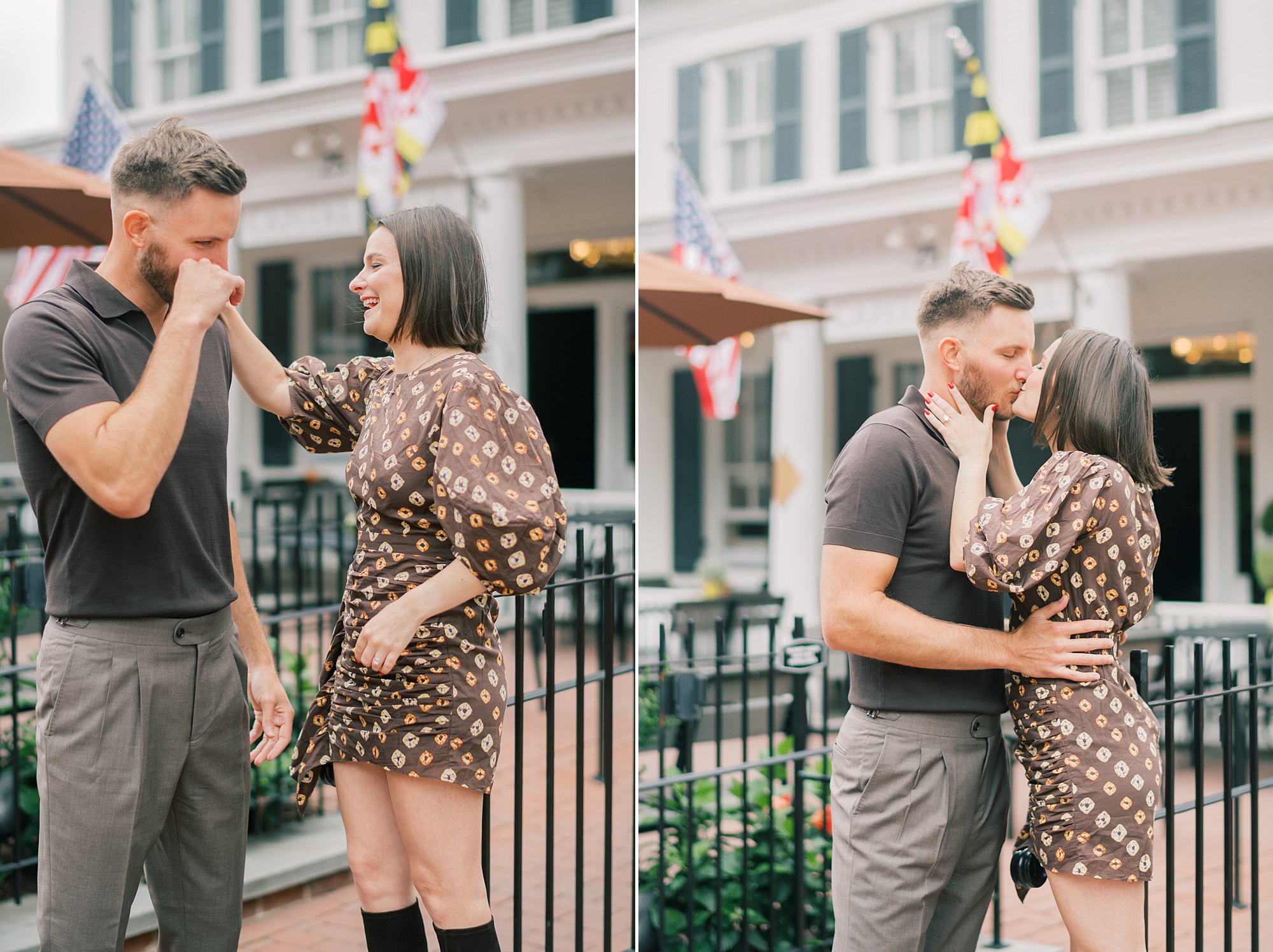 man kisses woman's engagement ring after proposal at Downtown Annapolis