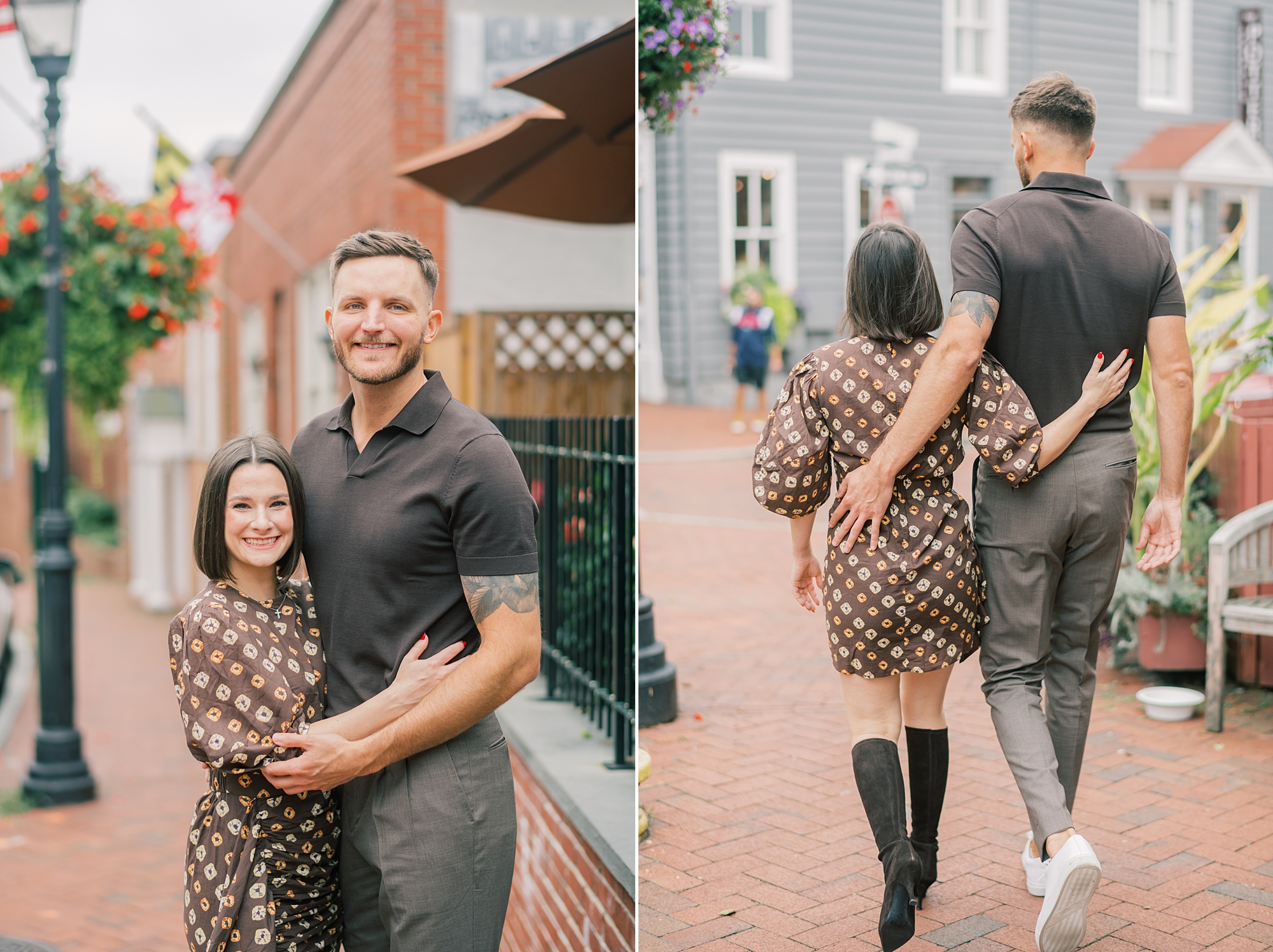 engaged couple walks down street in Downtown Annapolis hugging