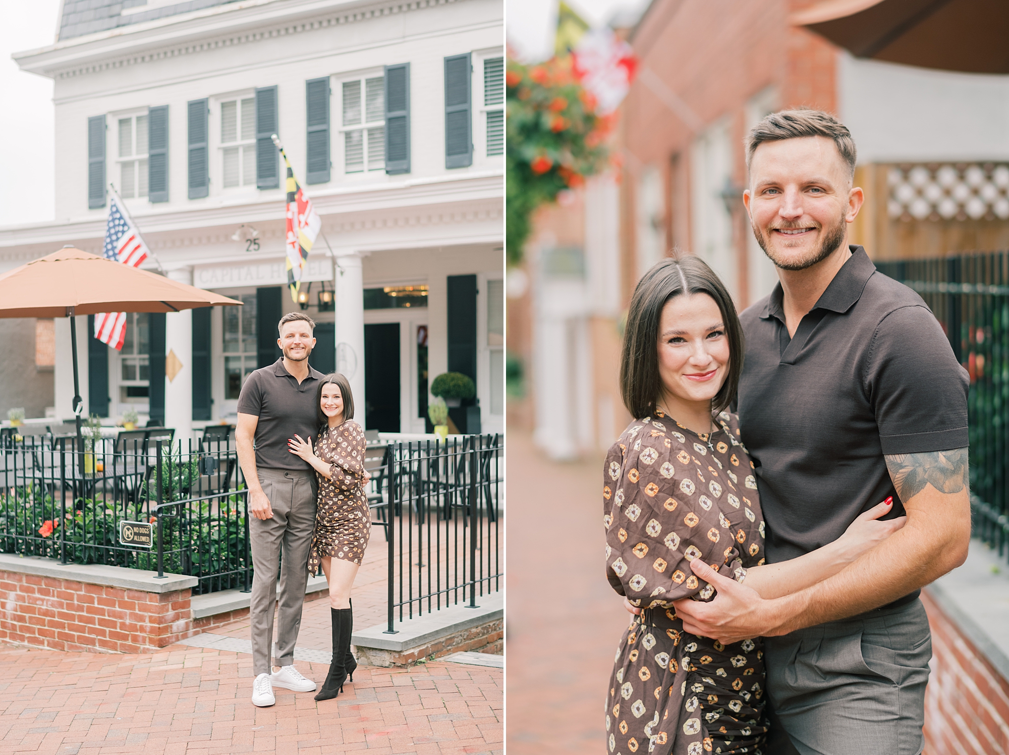 man hugs woman in front of the Capital Hotel after proposal in Downtown Annapolis