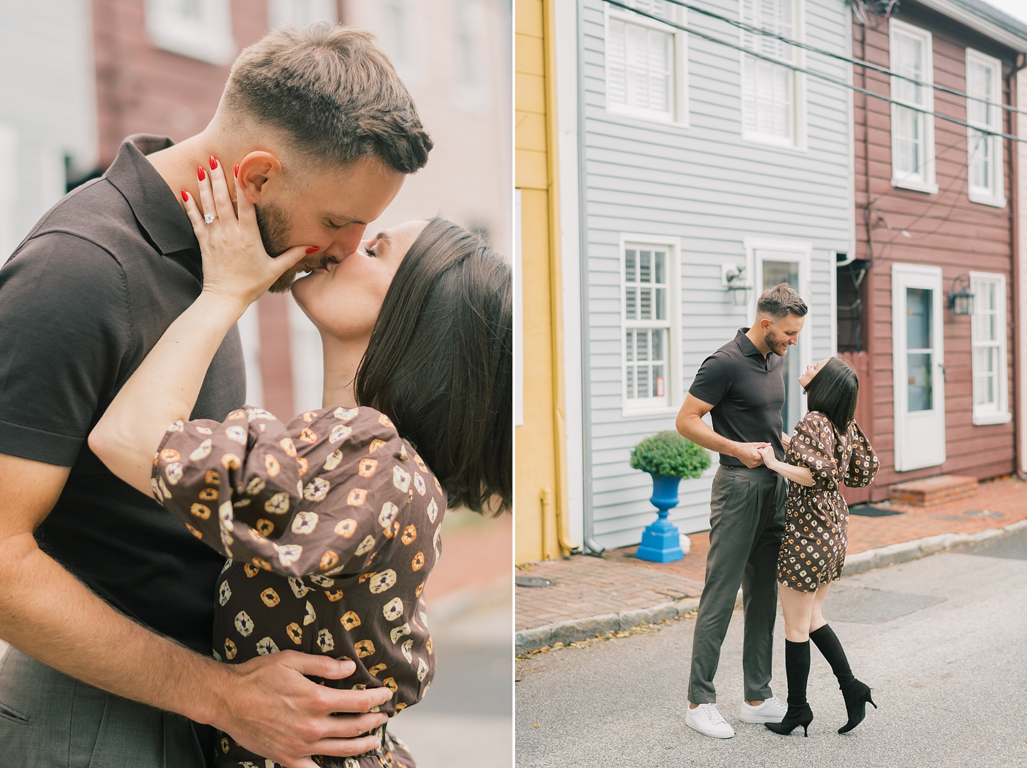 man and woman kiss on Downtown Annapolis street after engagement