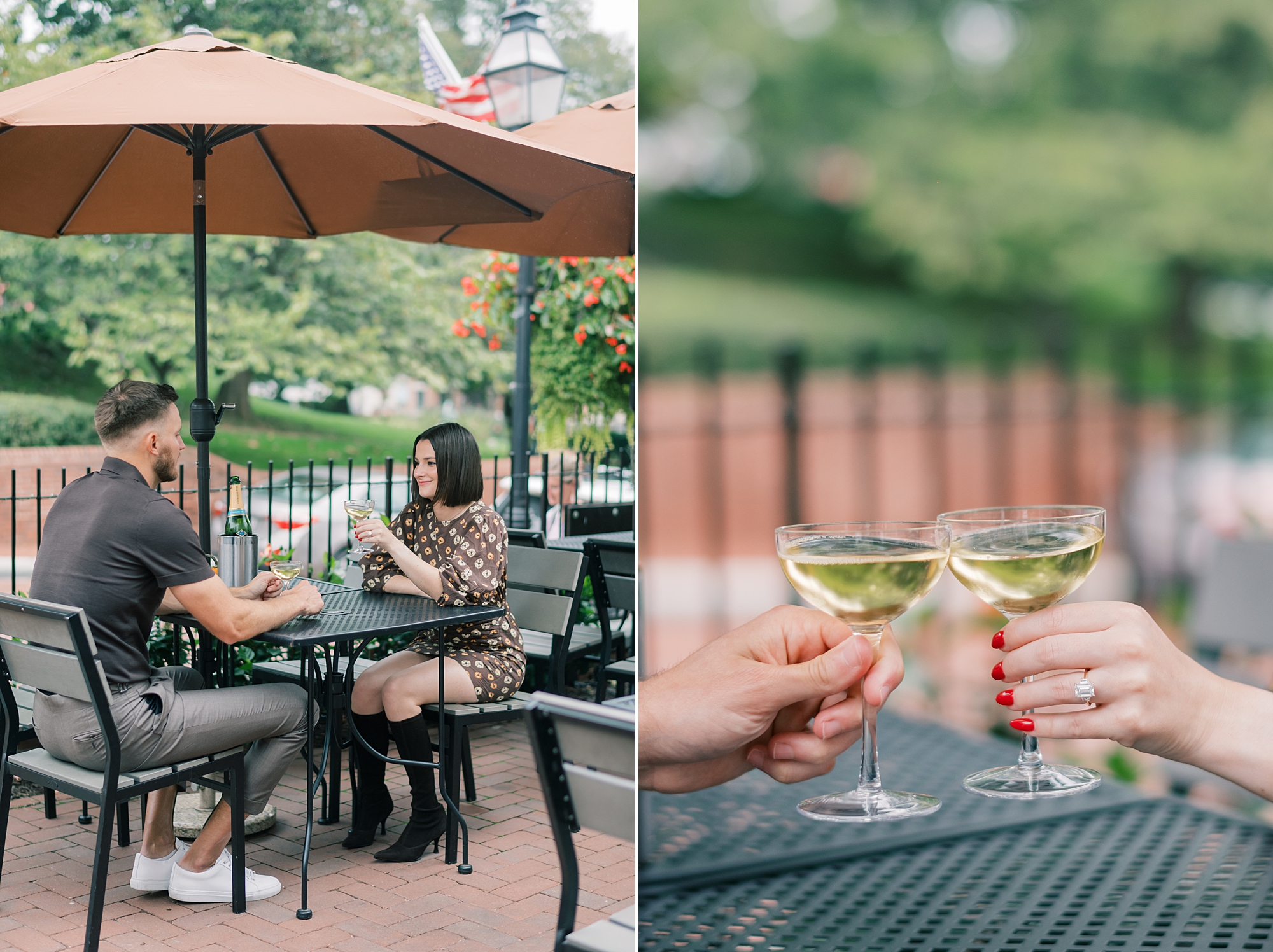 couple toasts champagne on patio in Downtown Annapolis