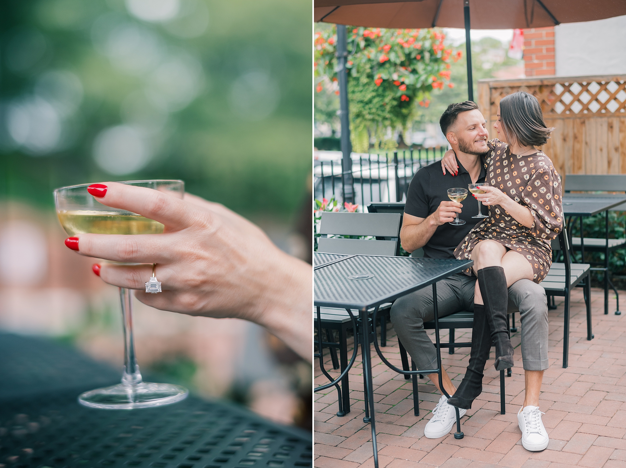 woman holds glass of champagne showing off engagement ring
