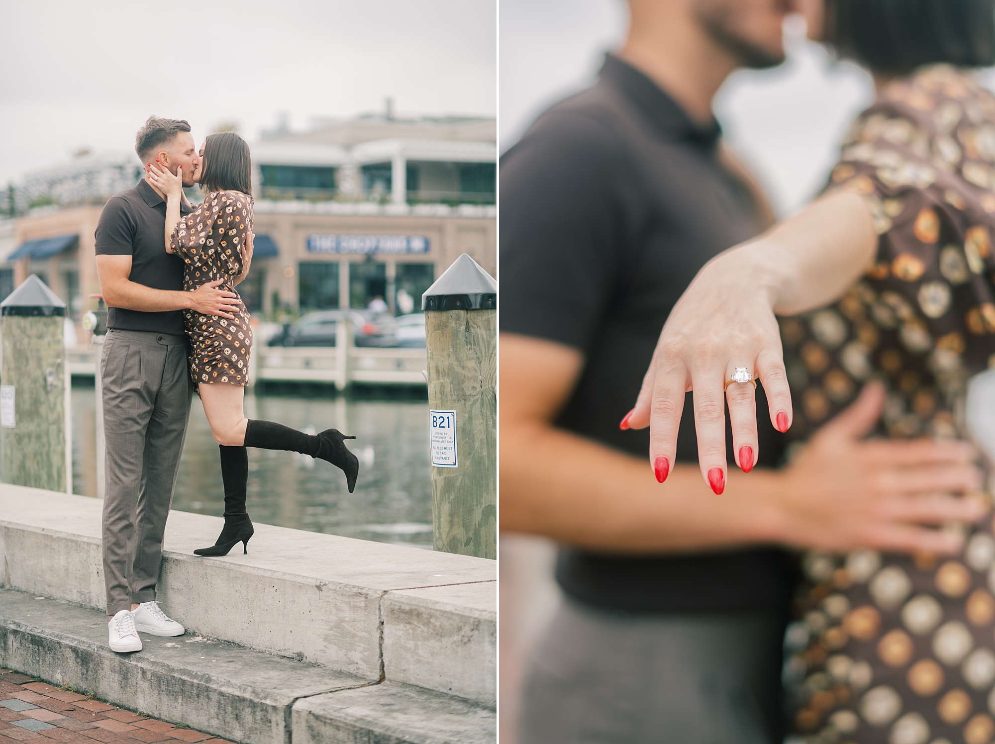 engaged couple hugs along Downtown Annapolis waterfront after proposal