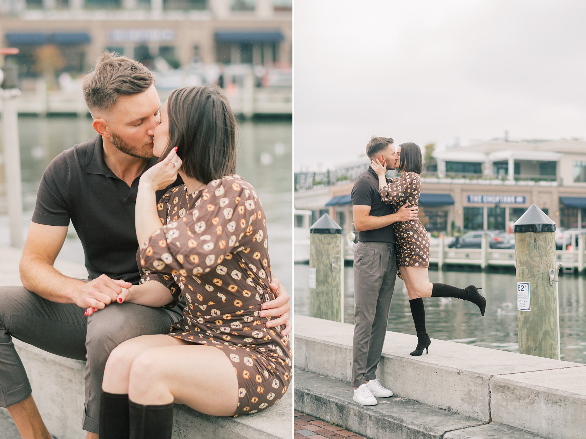 engaged couple leans for kiss in front of Downtown Annapolis waterfront
