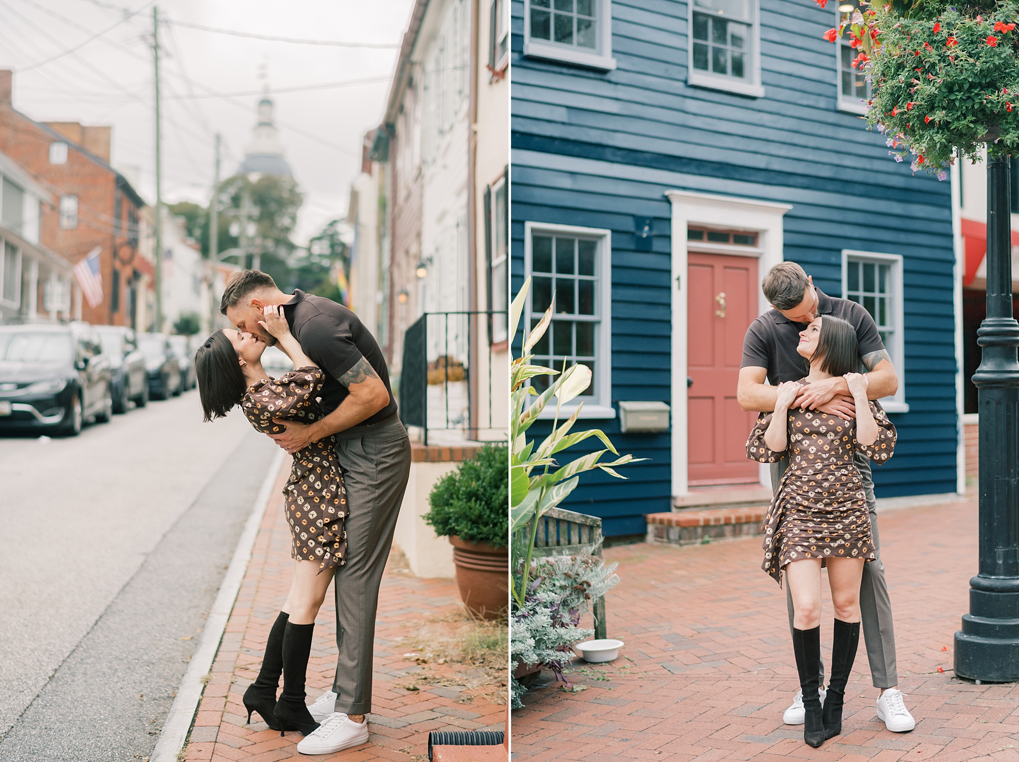 newlyweds kiss leaning back on street in Downtown Annapolis