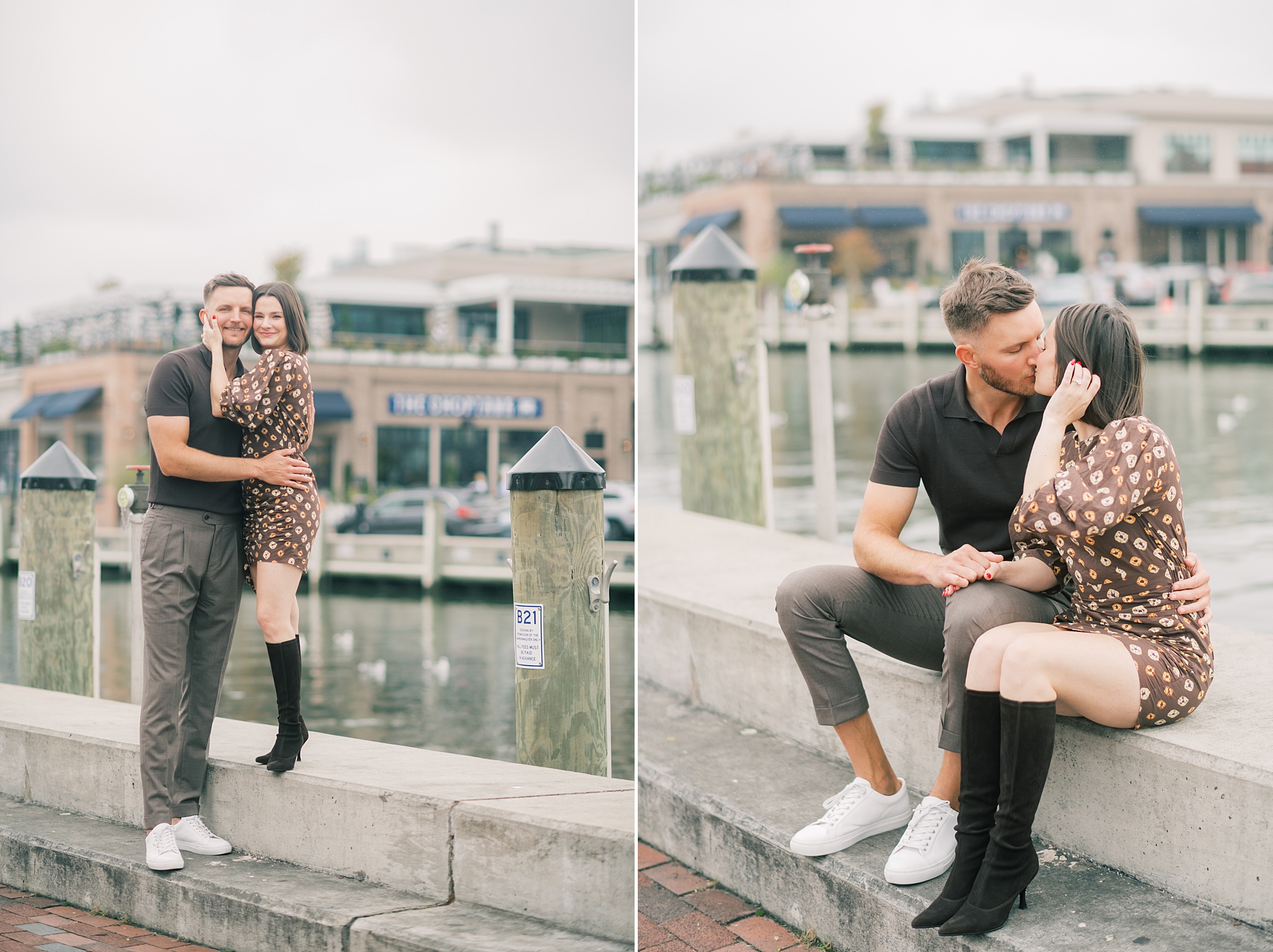 engaged couple sits in front of Downtown Annapolis waterfront and Hotel Annapolis
