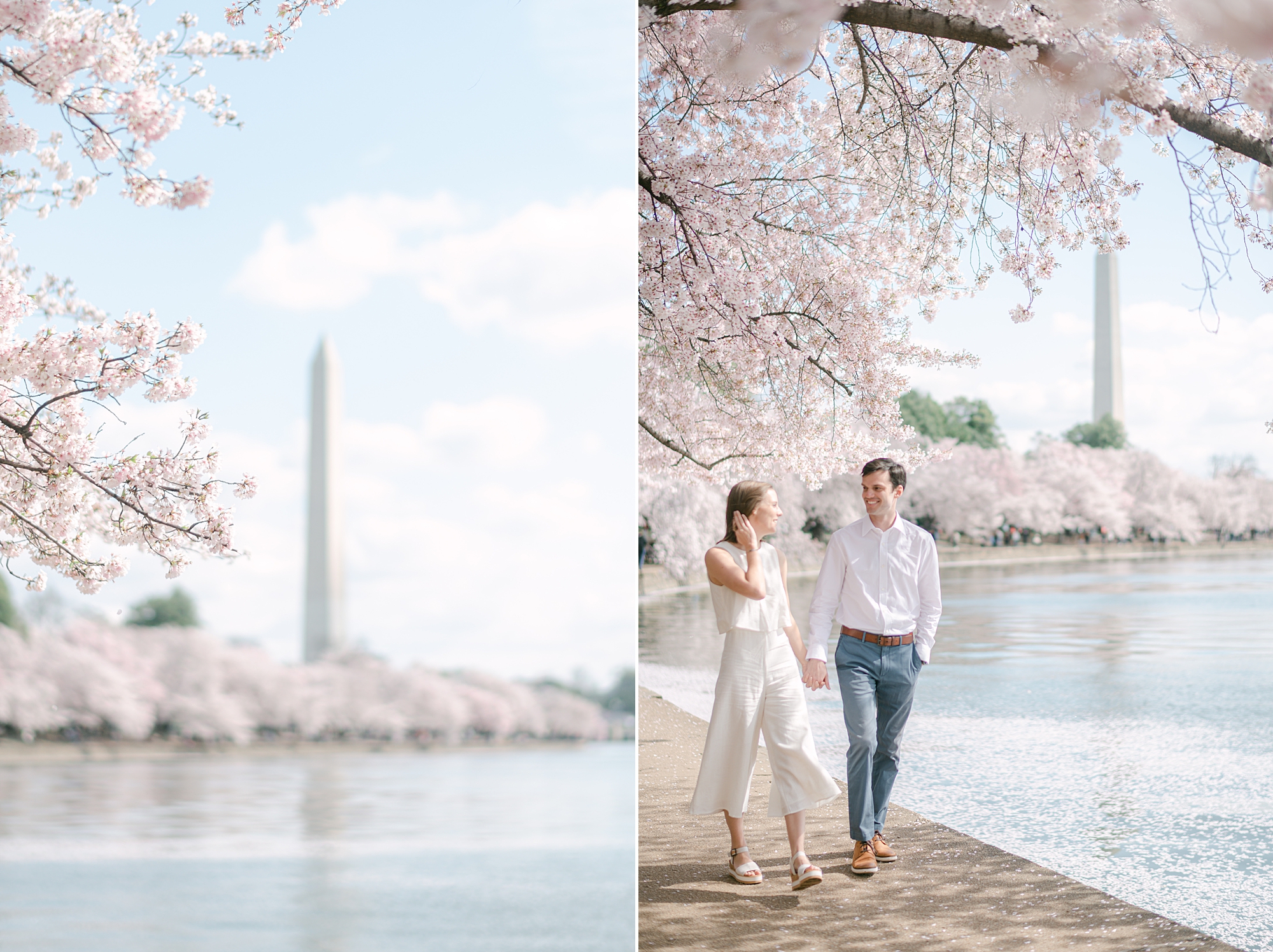 man and woman walk by Tidal Basin water during DC cherry blossom engagement photos
