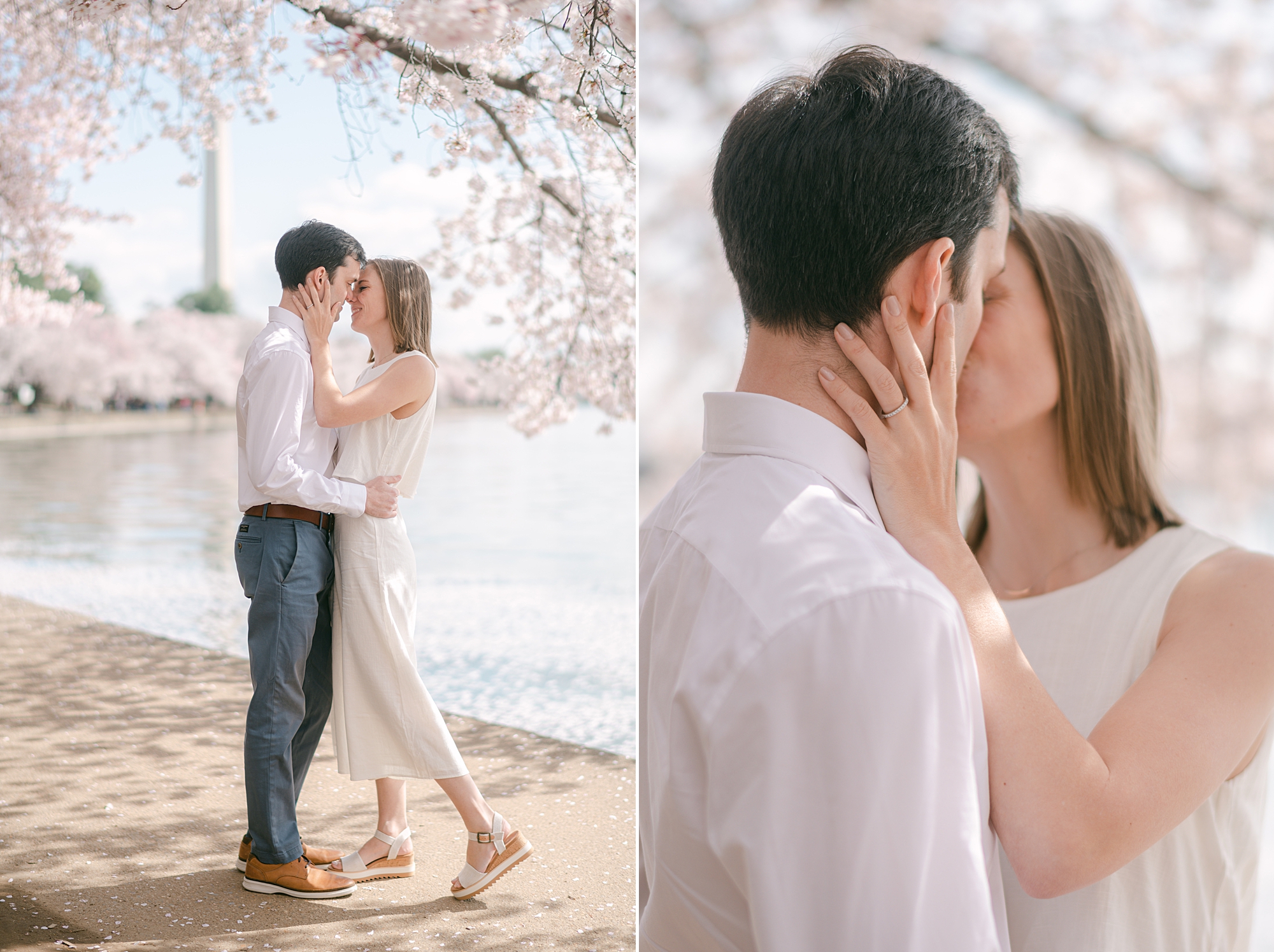 man and woman kiss at the Tidal Basin during DC cherry blossom engagement photos
