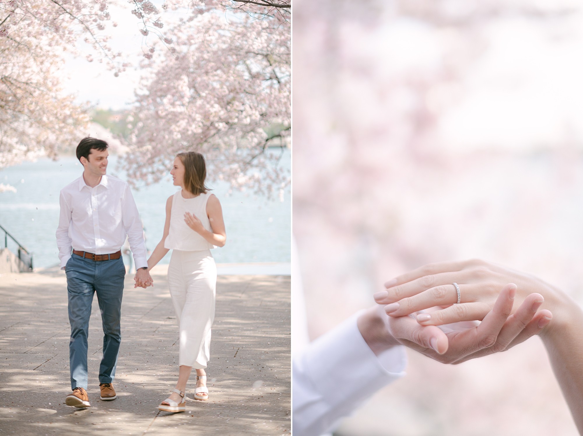 couple holds hands walking through cherry blossoms at DC engagement session