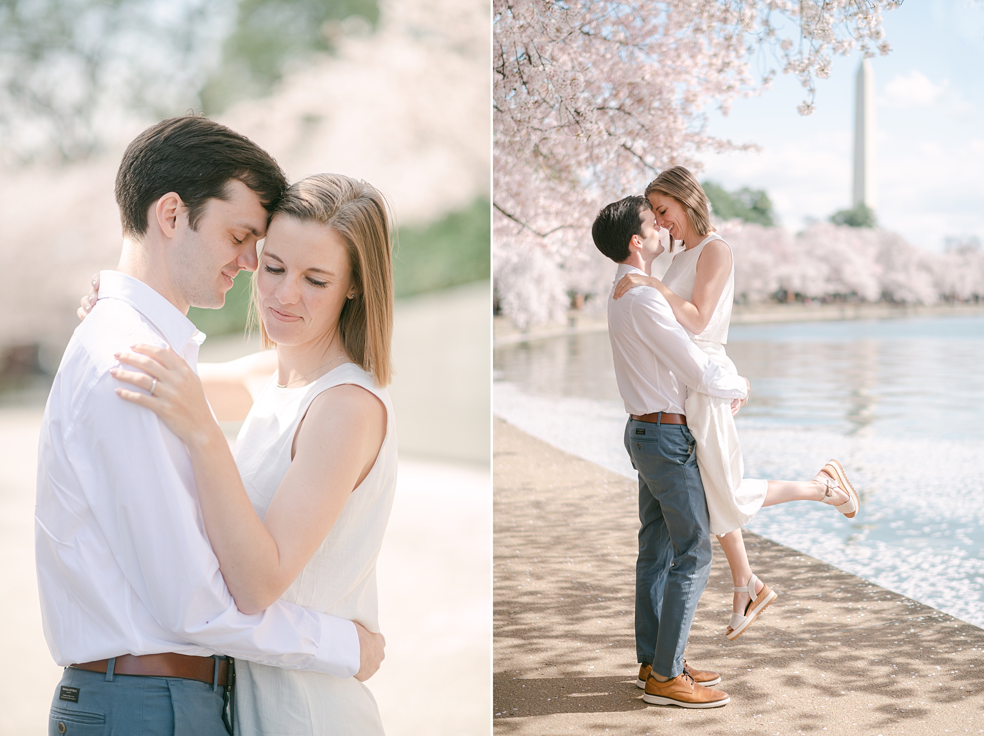 man and woman hug near cherry blossoms during DC engagement session