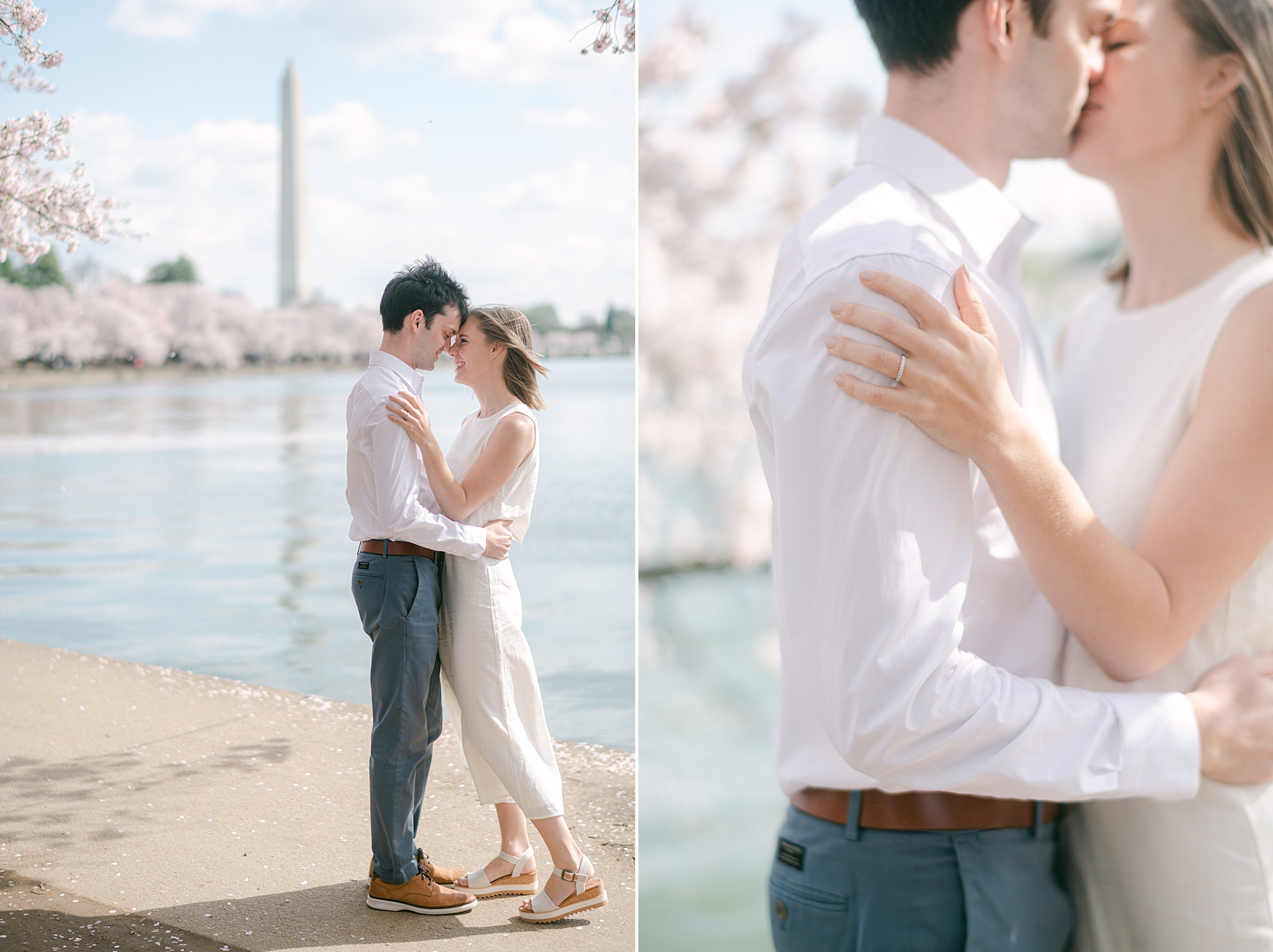 engaged couple hugs by pond inside Washington DC