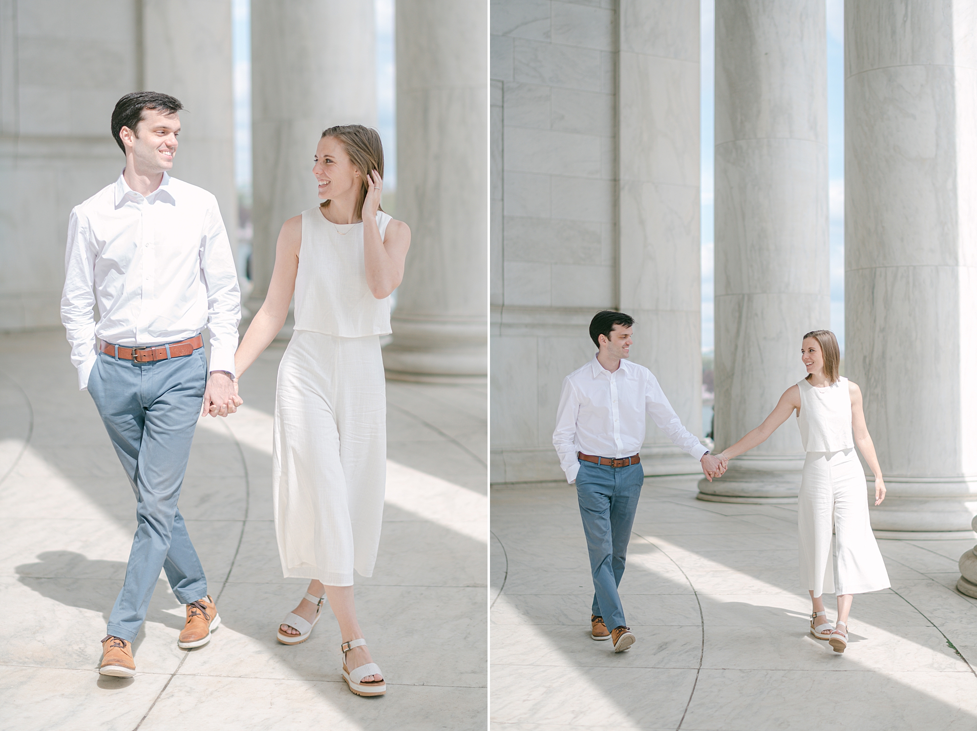 man and woman walk through memorial during DC engagement session 