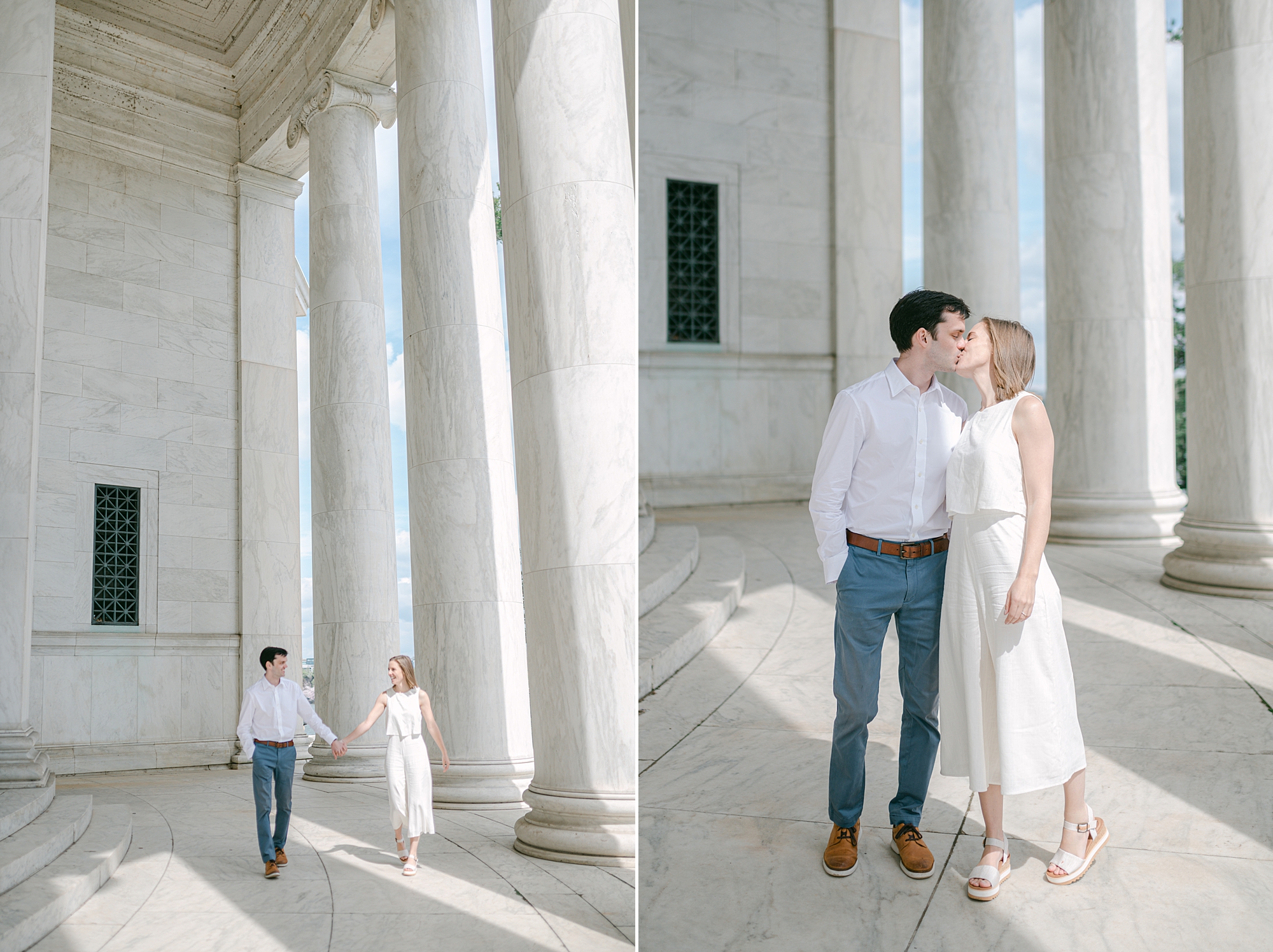 engaged couple lean to kiss inside Jefferson Memorial during DC cherry blossom engagement photos