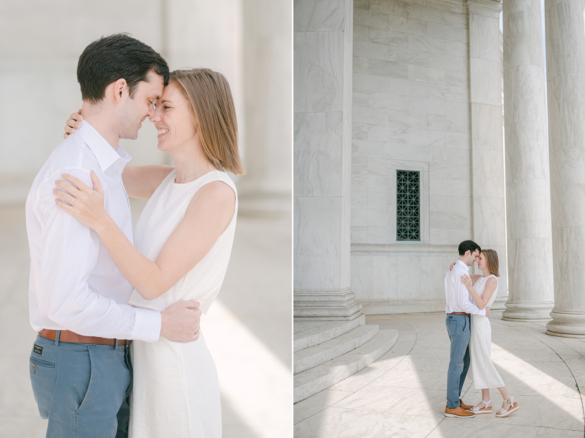 man and woman lean heads together during DC engagement session at Jefferson Memorial 