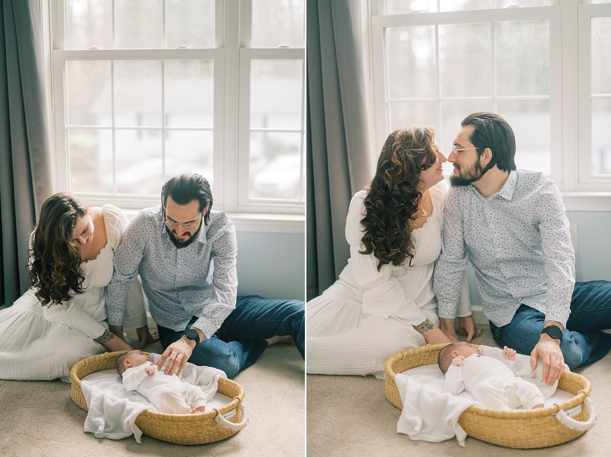 parents look down at baby girl in Moses basket during in-home lifestyle newborn portraits in Solomons Maryland