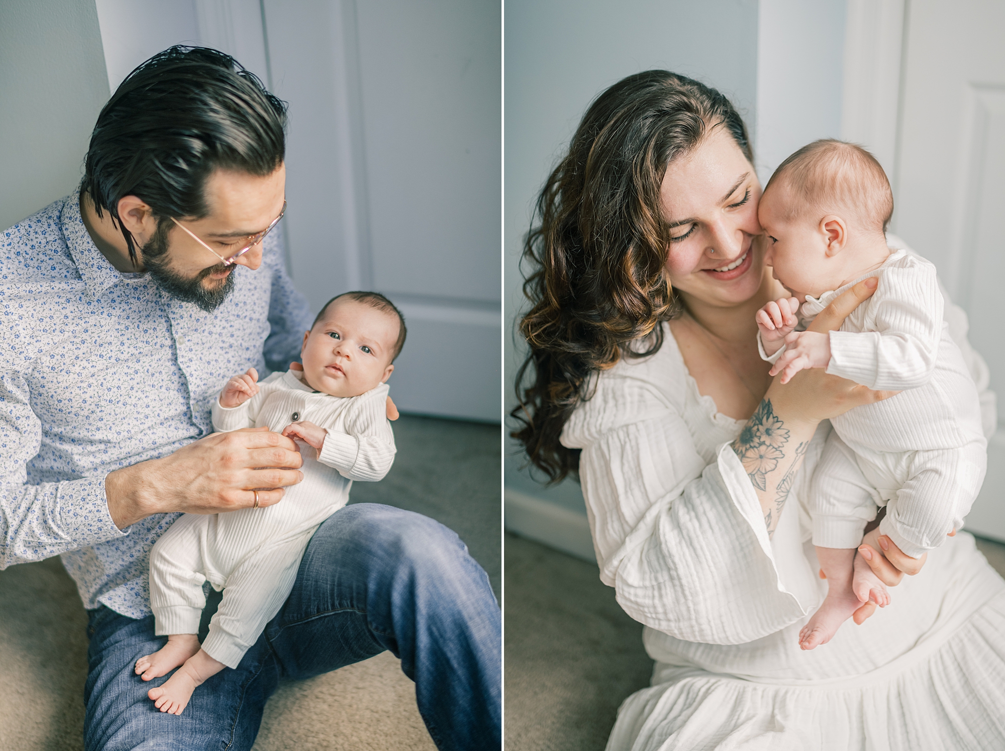parents snuggle with daughter during lifestyle newborn portraits in Solomons MD