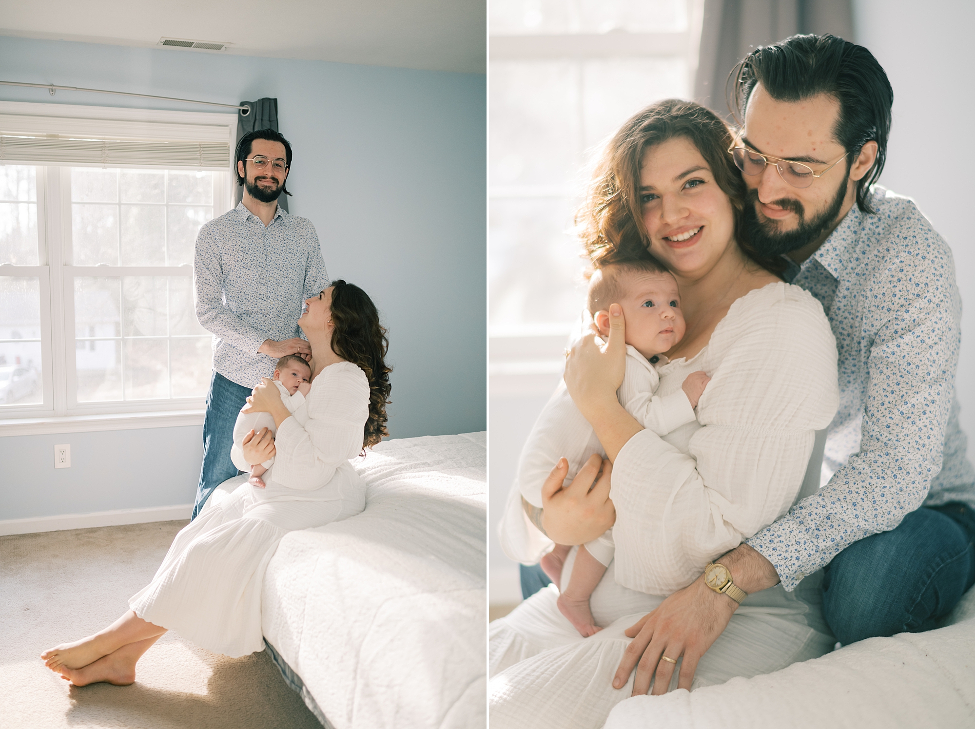 couple sits on bed holding newborn baby girl in bedroom 