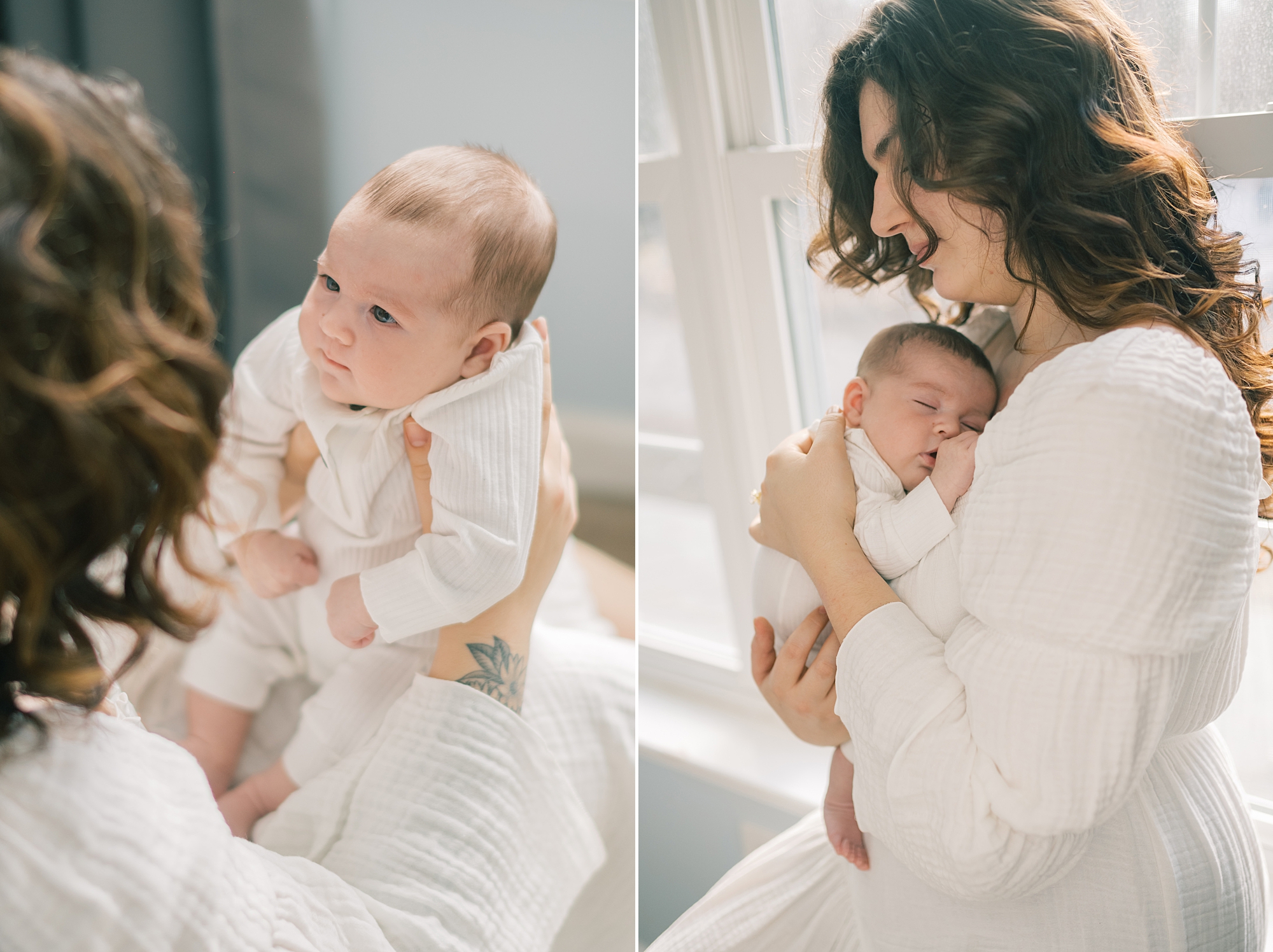 mom holds baby girl to chest during MD lifestyle newborn portraits