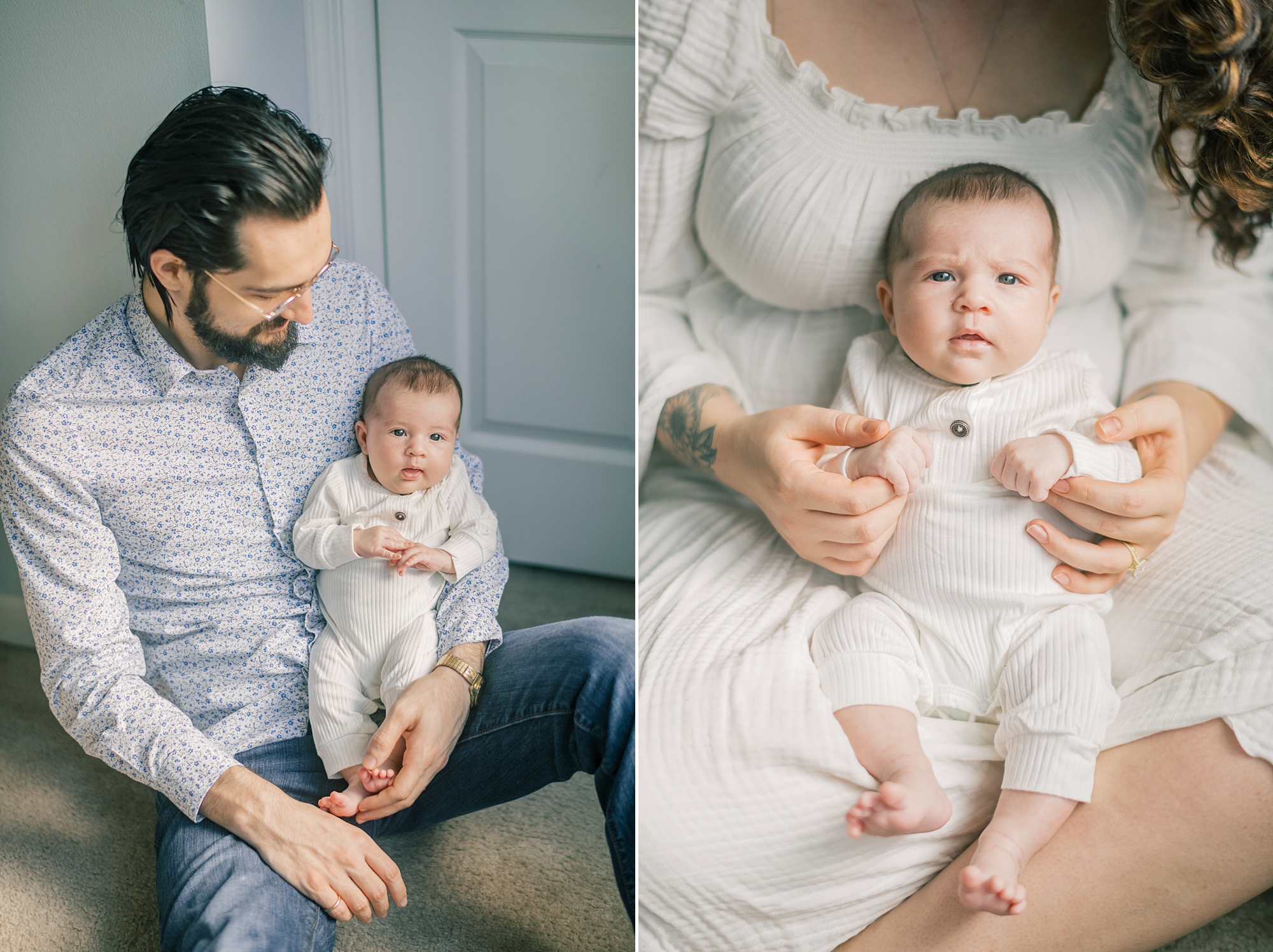 dad holds baby on lap and mother holds daughter in front of her in white attire during MD lifestyle newborn portraits