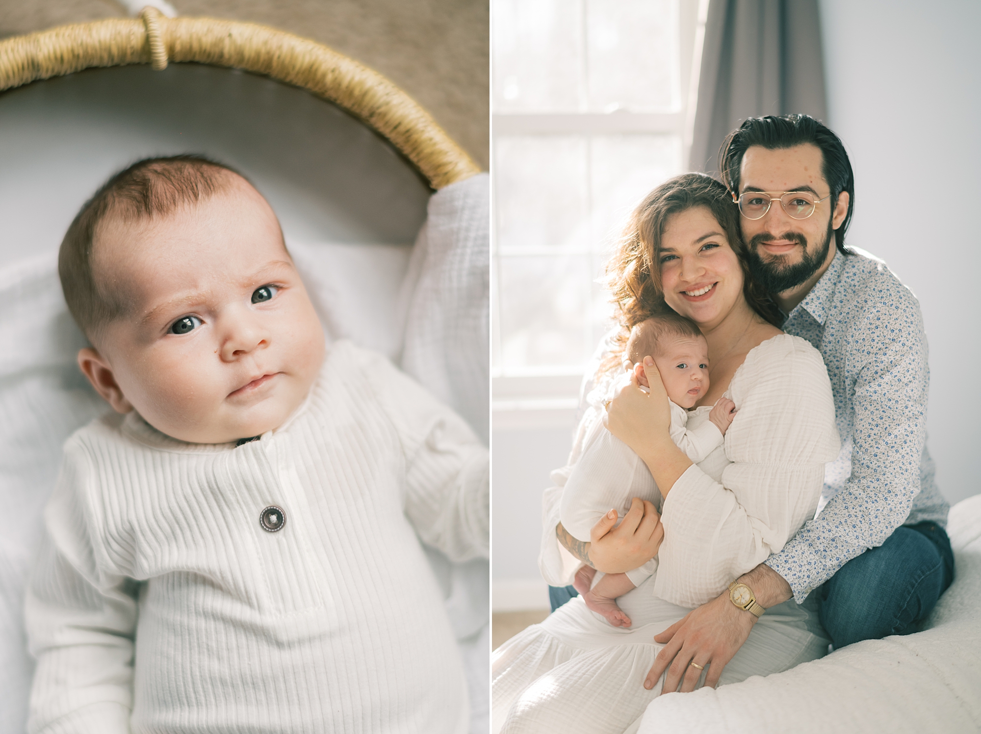 parents hug on bed with baby girl on mom's chest during lifestyle newborn portraits