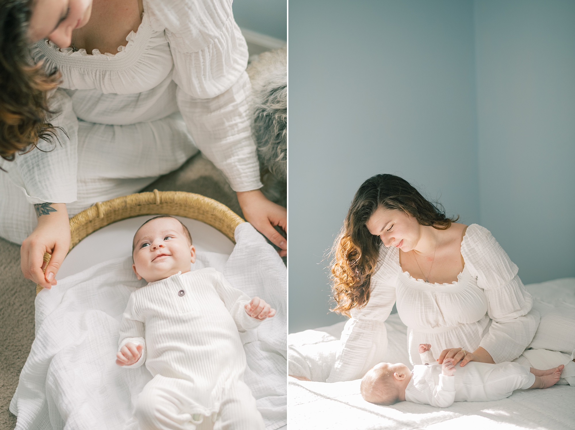 mom sits on bed looking at 8 week old baby girl during MD lifestyle newborn portraits