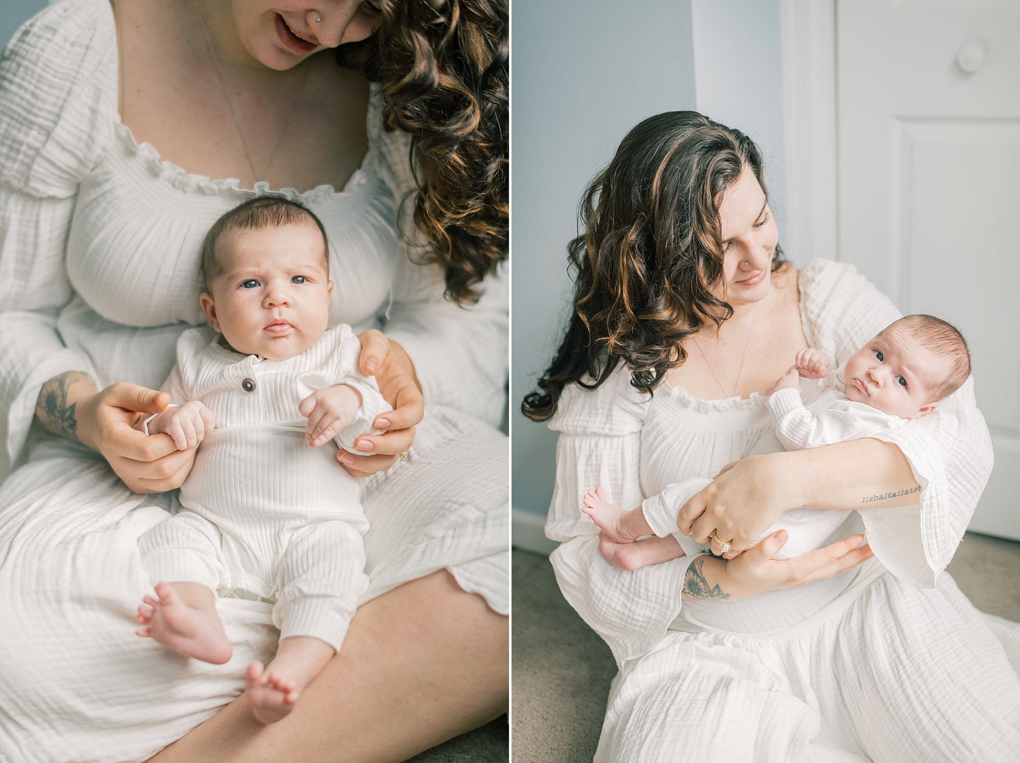 mom holds daughter on her lap during MD lifestyle newborn portraits