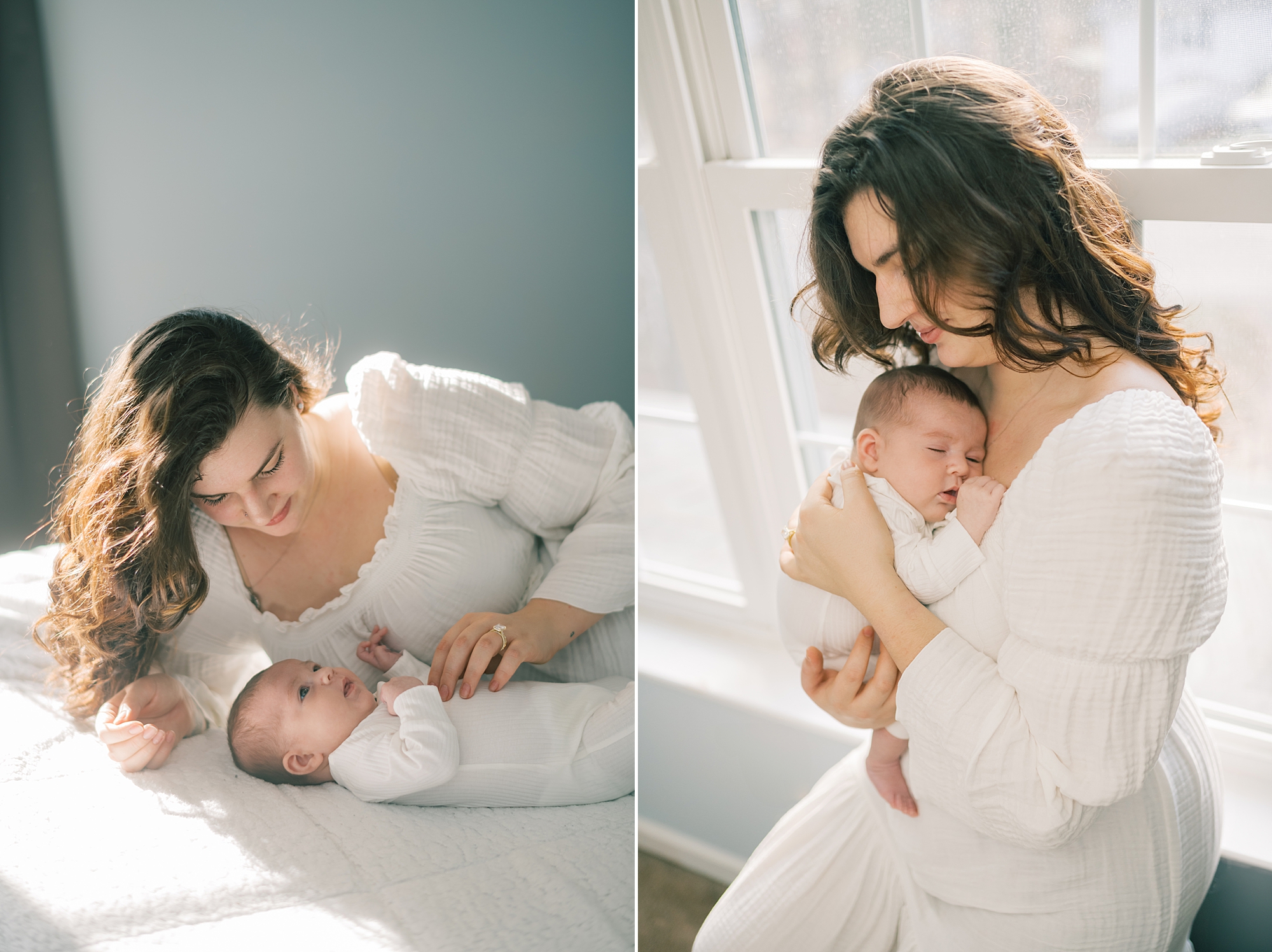 woman hugs daughter to her chest during MD lifestyle newborn portraits