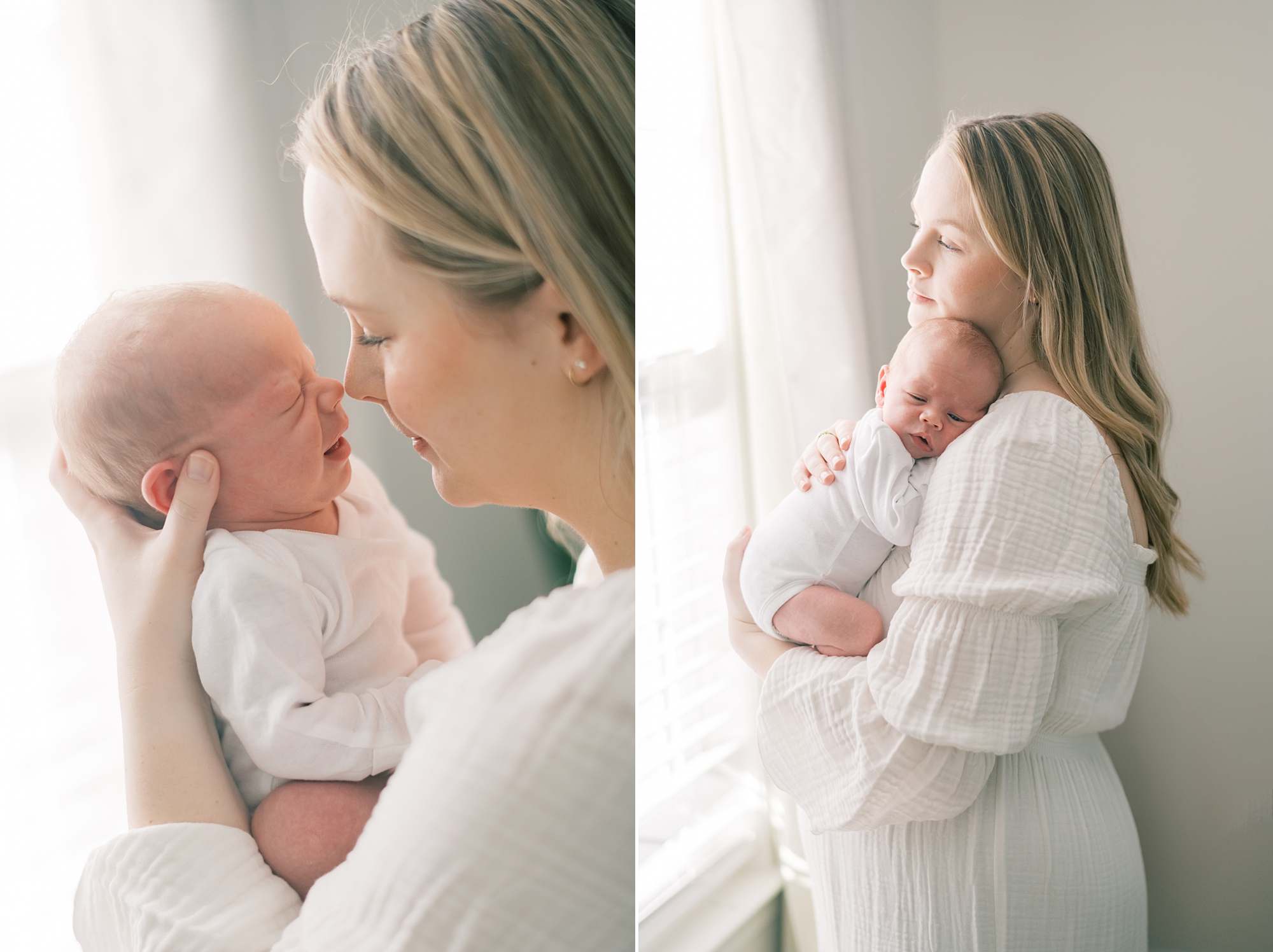 mom snuggles with new son wearing white gown during in-home newborn portraits