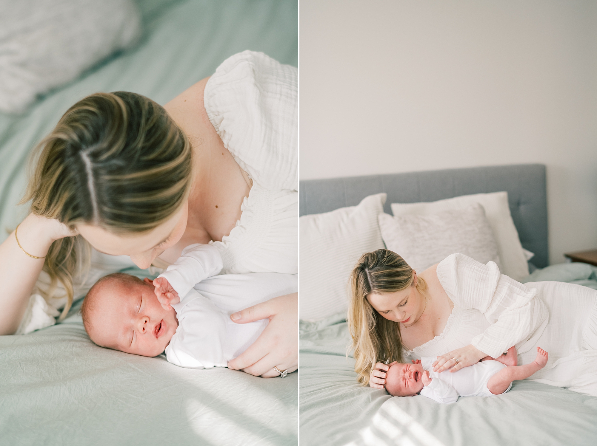 mom lays on bed with newborn son during in-home newborn portraits