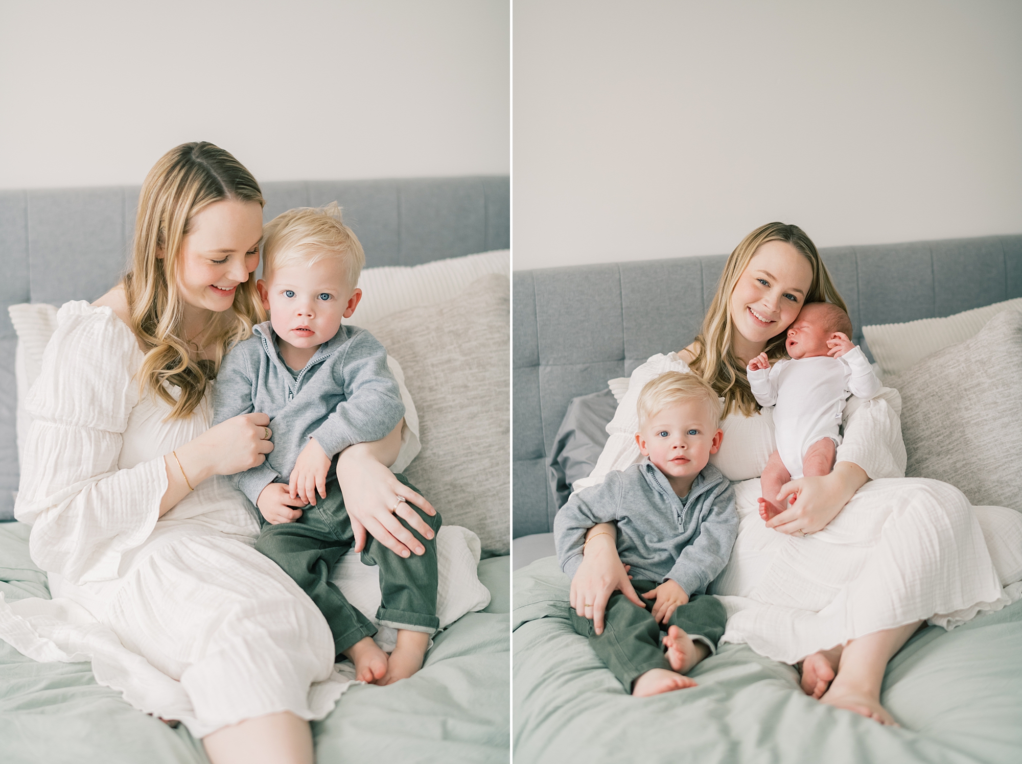 mom sits with two sons on bed during in-home newborn portraits