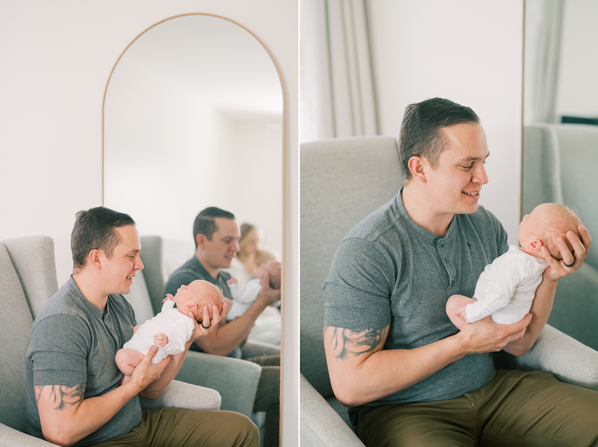 dad holds son during in-home newborn portraits