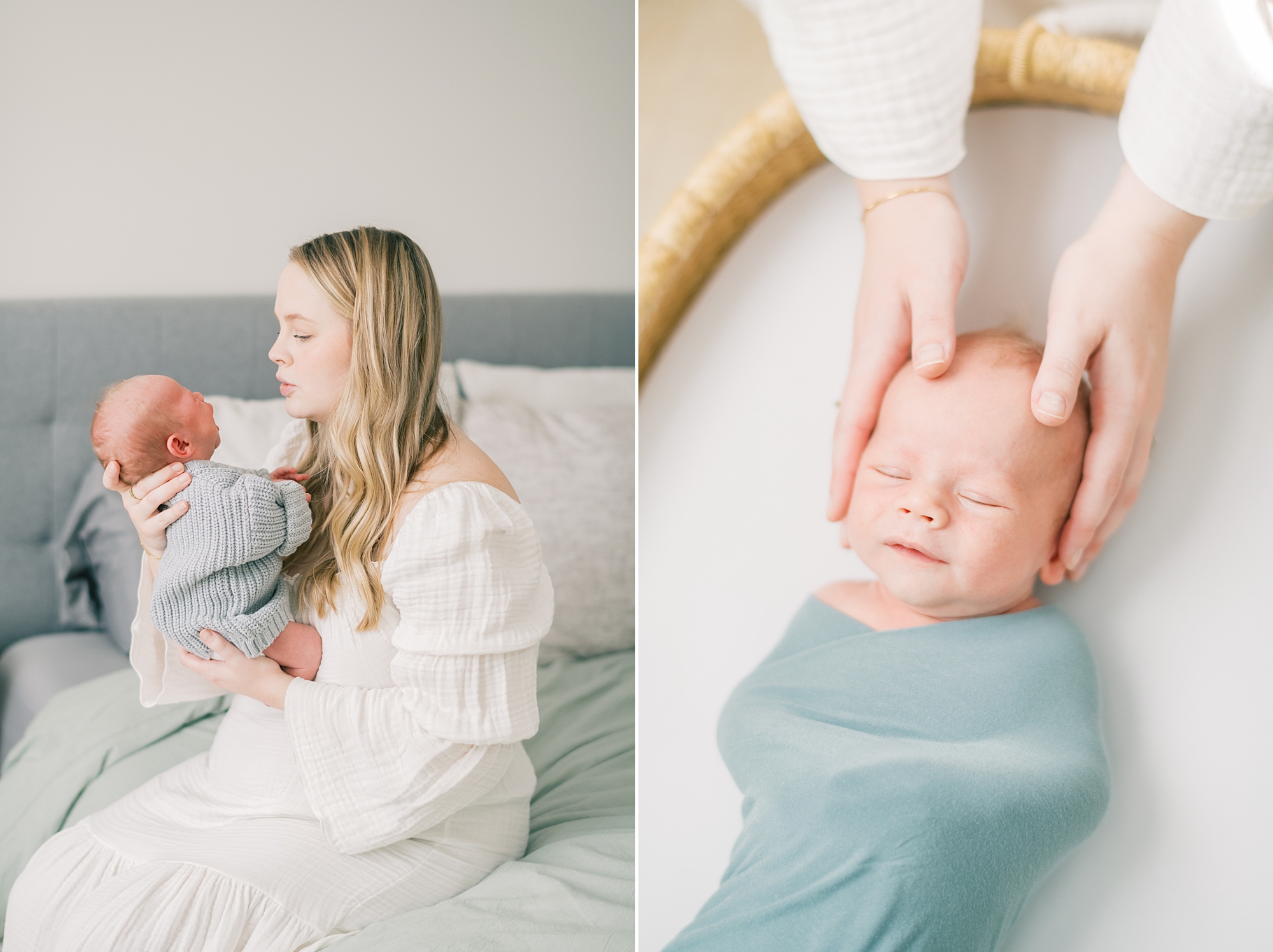 mom looks at baby boy sitting on bed during in-home newborn portraits