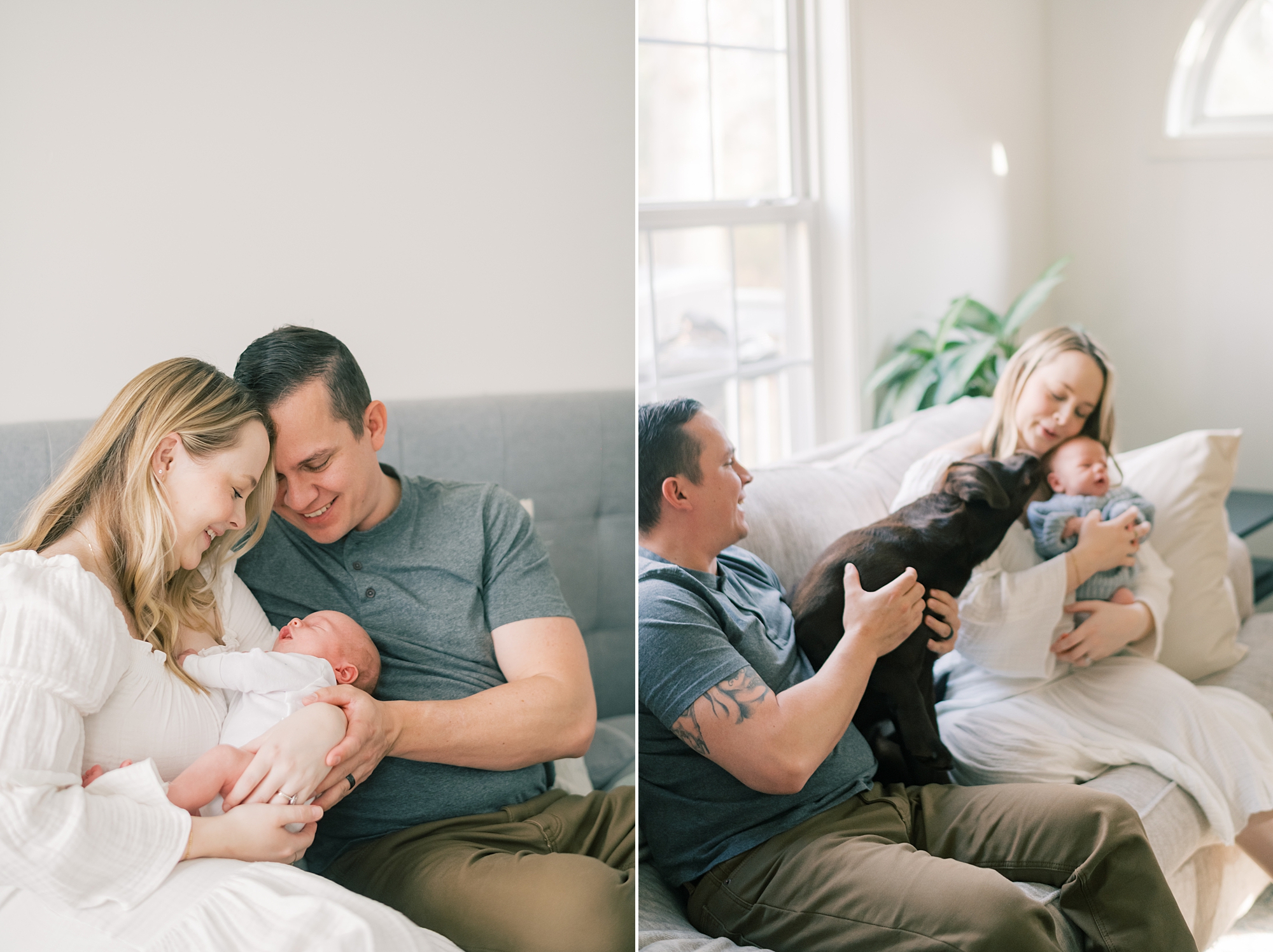 parents sit on couch with newborn baby boy and dog