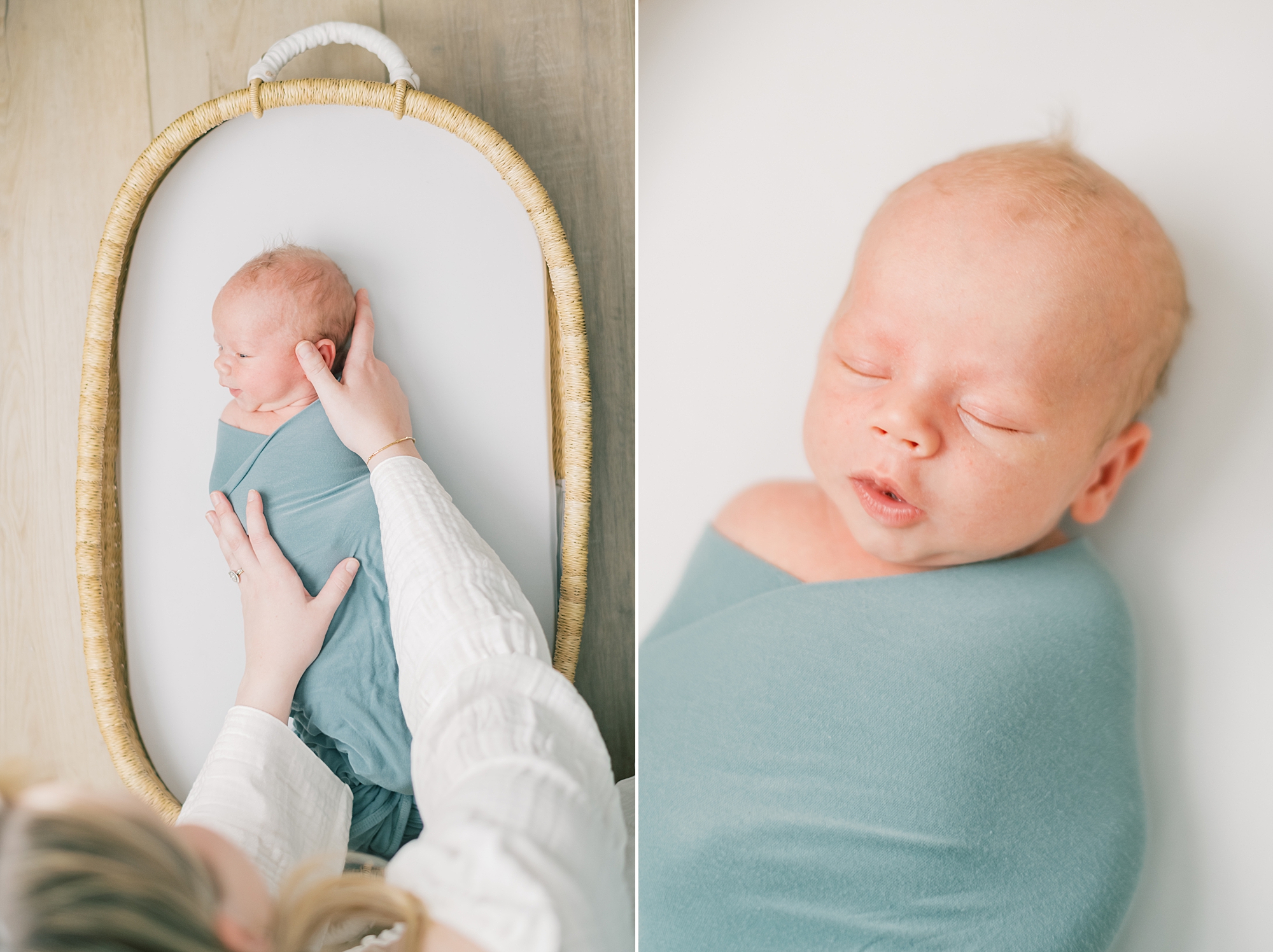 baby boy lays in teal wrap in Moses basket during in-home newborn portraits