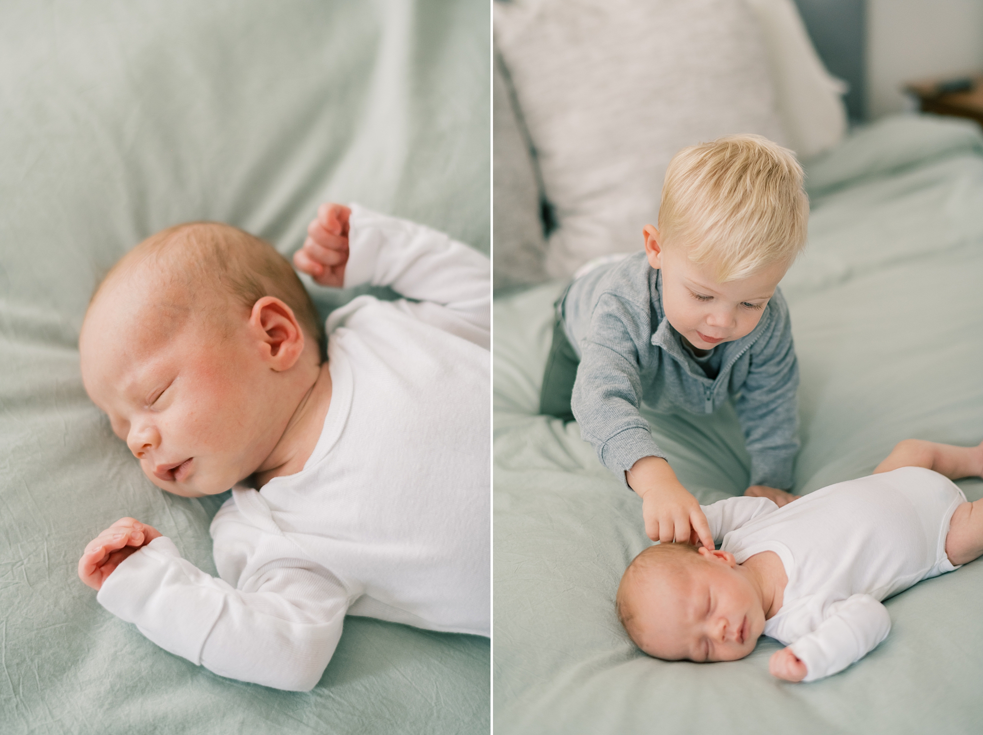 in-home newborn portraits for baby boy with big brother looking over him 