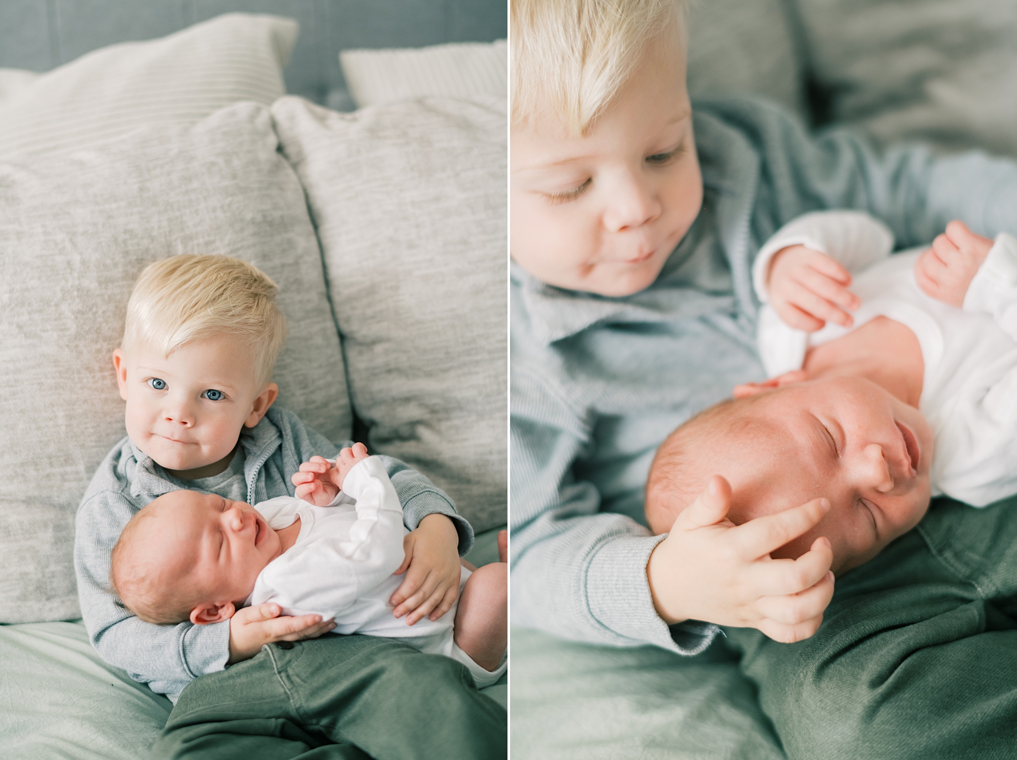 big brother holds new baby brother during in-home newborn portraits in Leonardtown MD