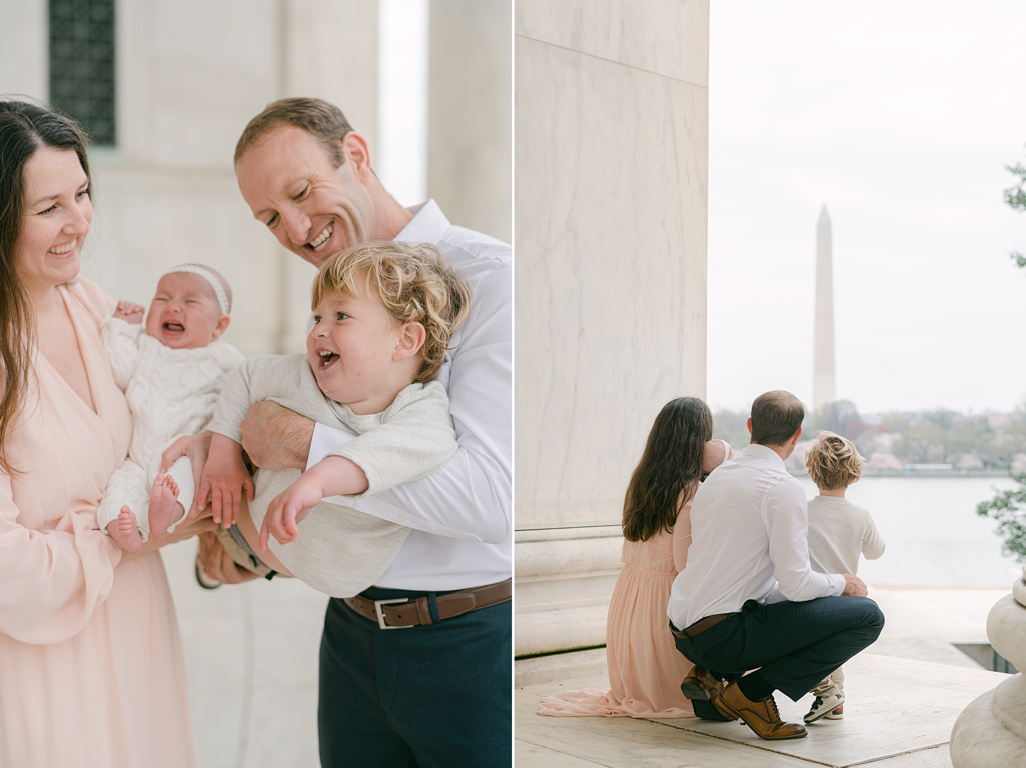 parents laugh with toddler son and newborn daughter in Washington DC