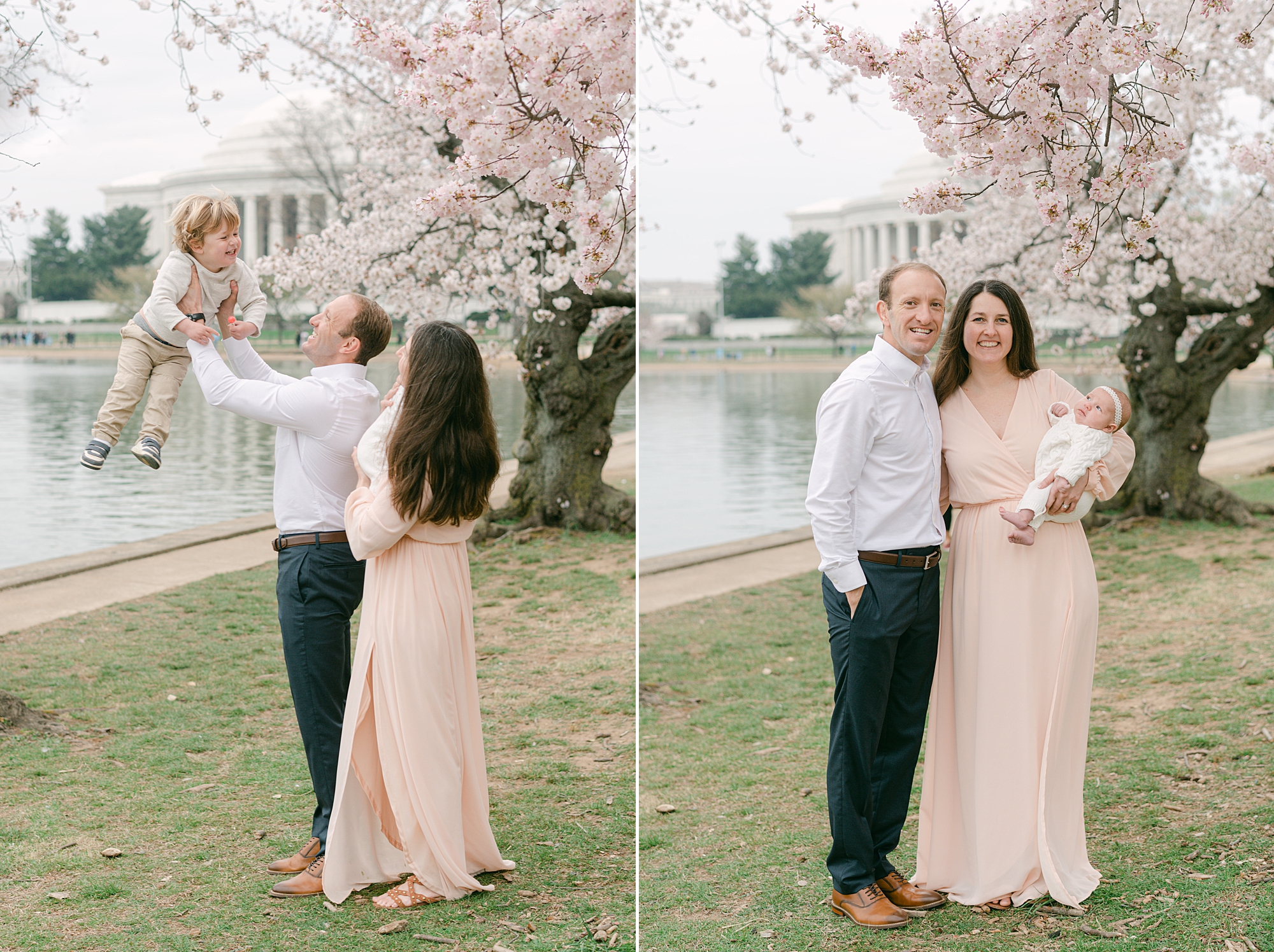 parents lift up son and daughter during cherry blossom portraits at the Tidal Basin
