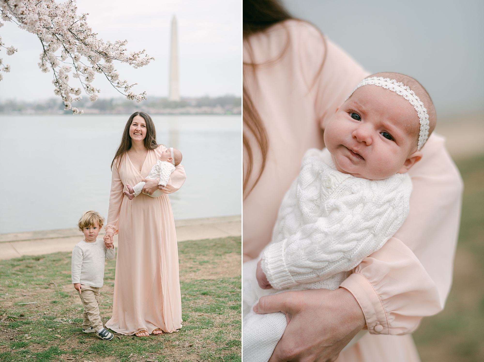 mom in pink gown holds baby girl and son's hand during cherry blossom portraits at the Tidal Basin