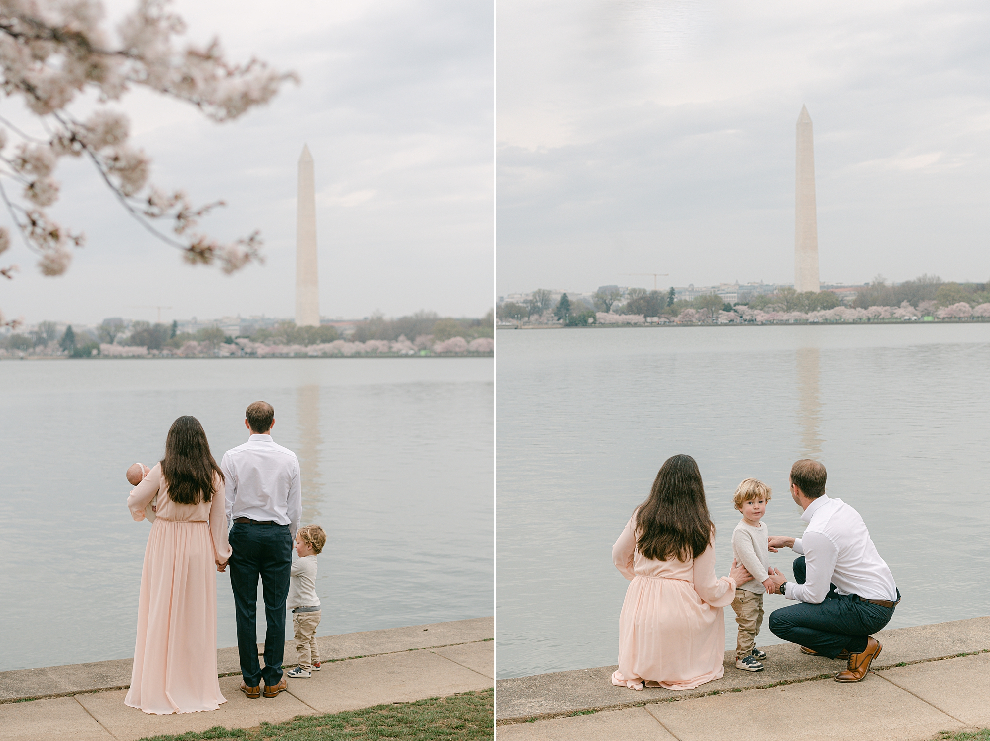 family looks at memorial across tidal basin in Washington DC