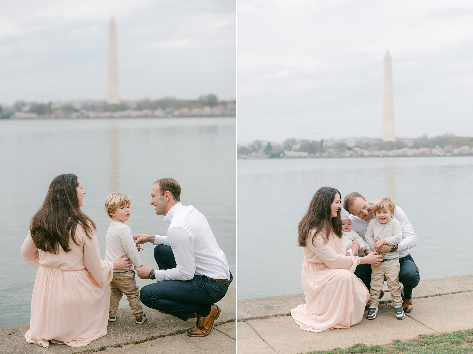 couple kneels with son by Tidal Basin in Washington DC